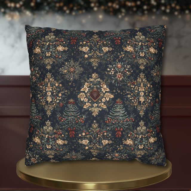 William Morris Inspired Christmas Pillow Cover: Elegant Navy Red Gold Damask Pattern