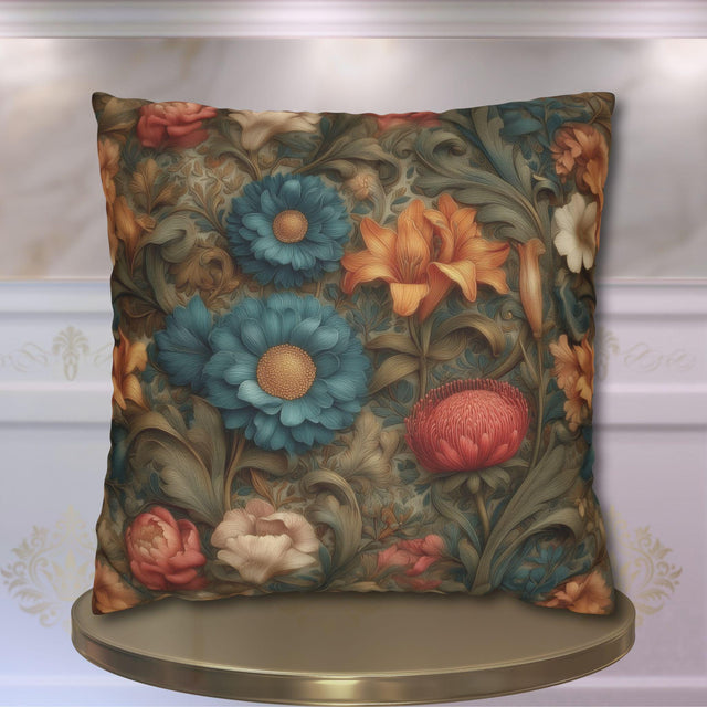 Vintage Style William Morris Inspired Pillow Cover: Teal, Coral and Amber Garden Florals