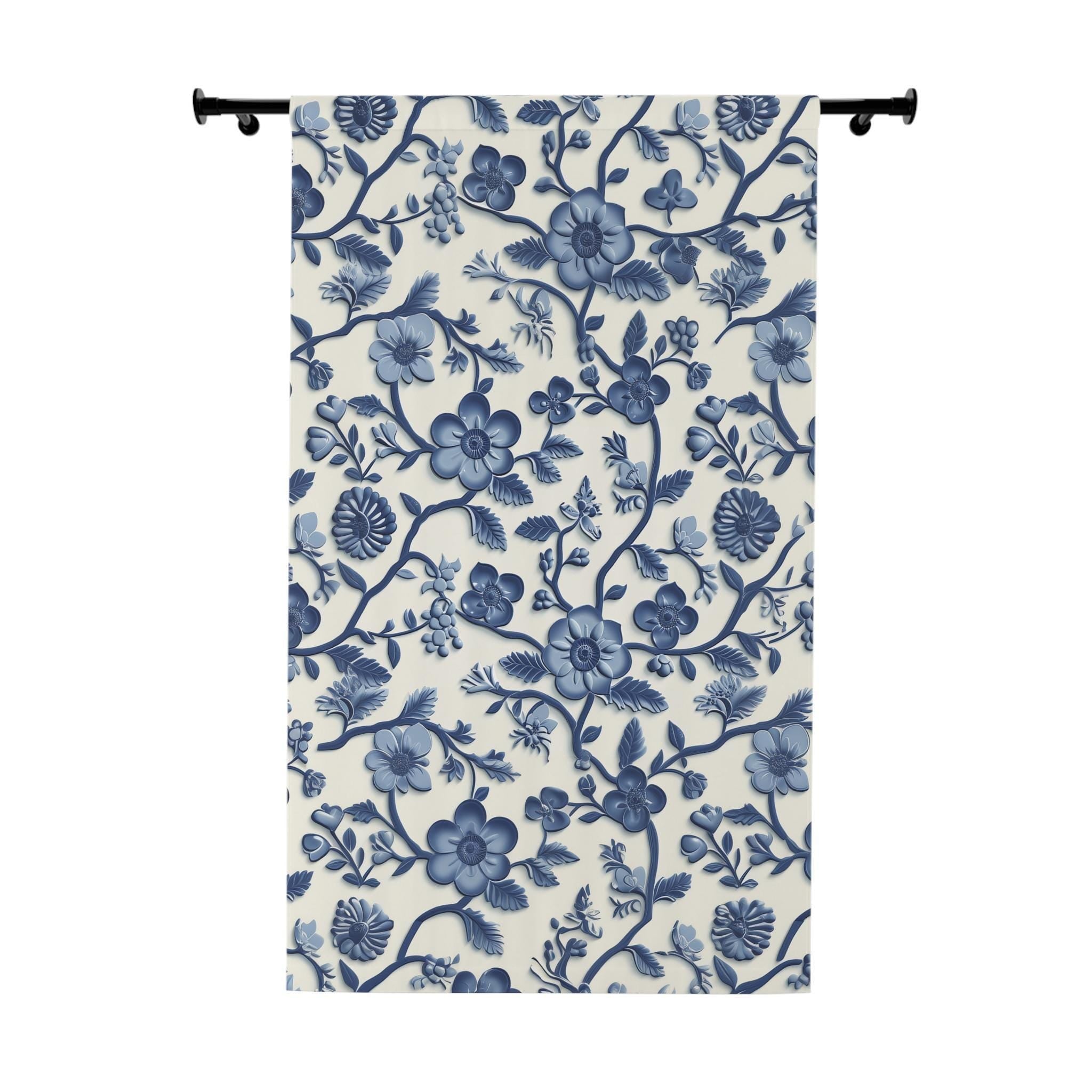 Elegant Chinoiserie Blue & White Blackout Curtain Panel - Traditional Pottery Pattern Window Drape