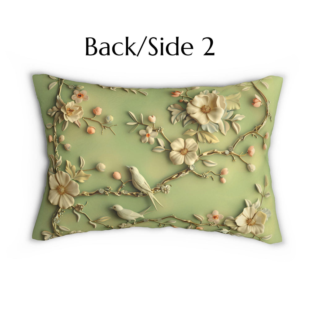 Lumbar Pillow: Chinoiserie Birds and Flowers - Pastel Sage Green