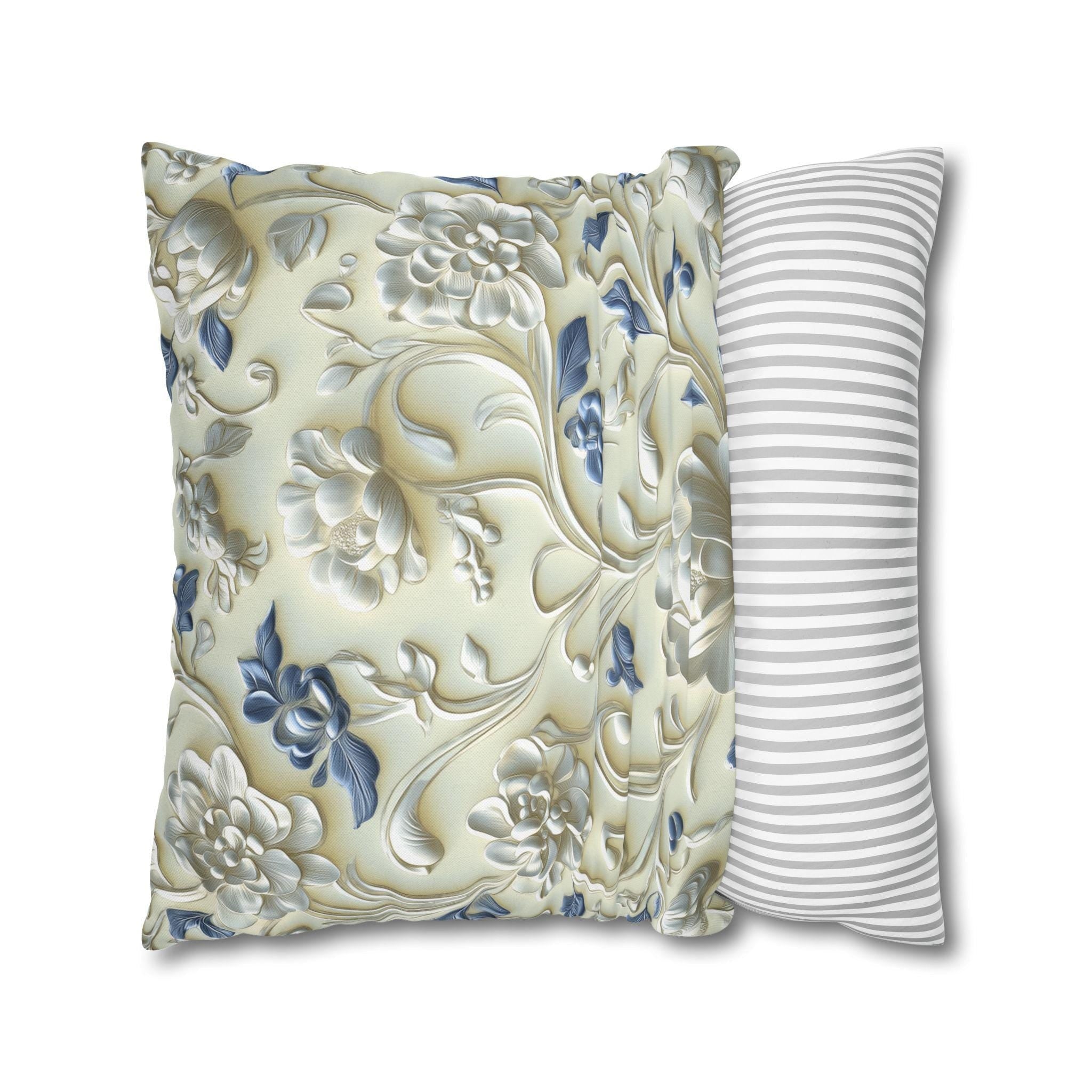 Elegant Chinoiserie Floral Pillowcase: Ivory & Blue Porcelain-Inspired Square Cover for Home Decor