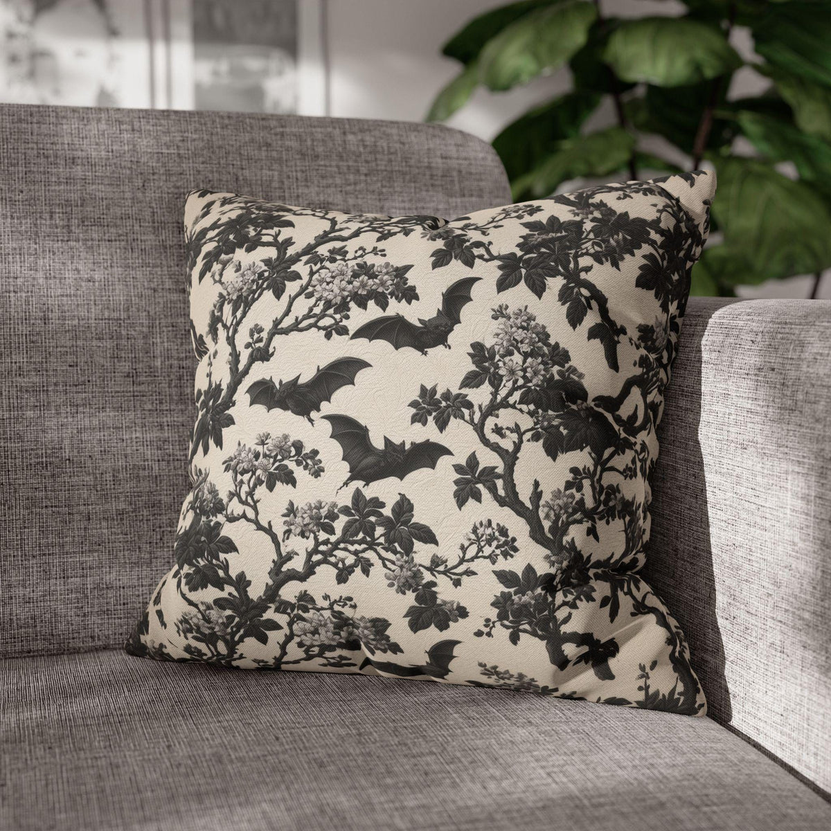 Chinoiserie Five Bats Pillow Cover: Black and Cream Halloween Floral