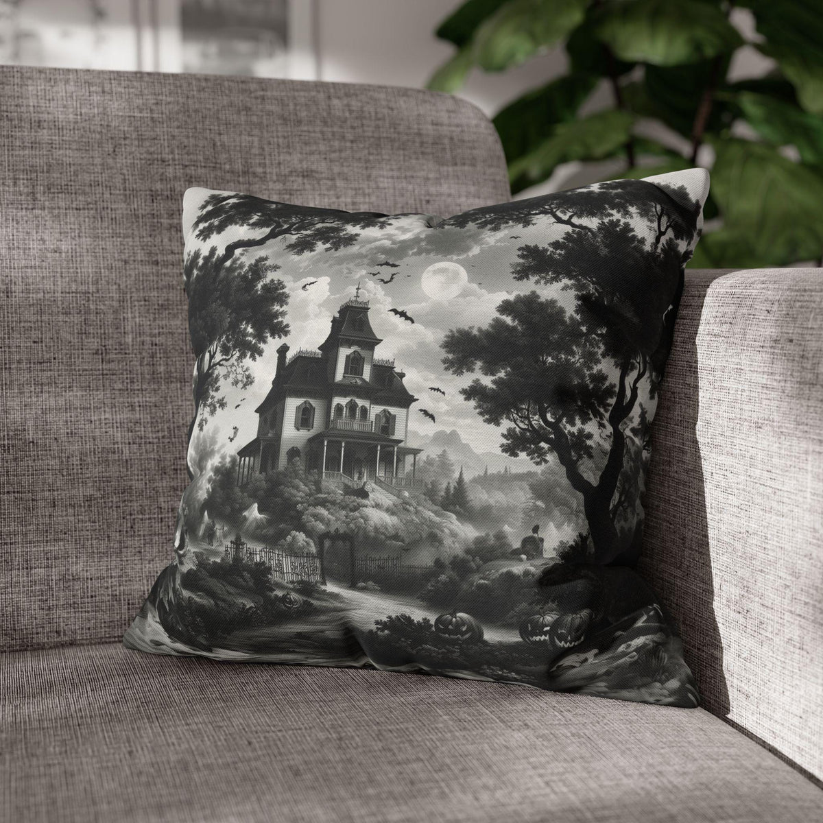 Halloween Toile Pillow Cover: Black and Cream Quietly Spooky Decor