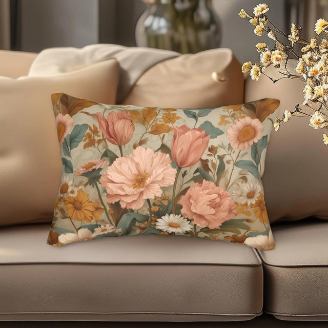 William Morris Inspired Botanical Lumbar Pillow: Dusty Rose, Sage, Ochre Autumn Accent