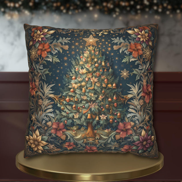 William Morris Christmas Pillow Cover: Coastal Jewel Tone Poinsettia , Vintage Tree Holiday Decor