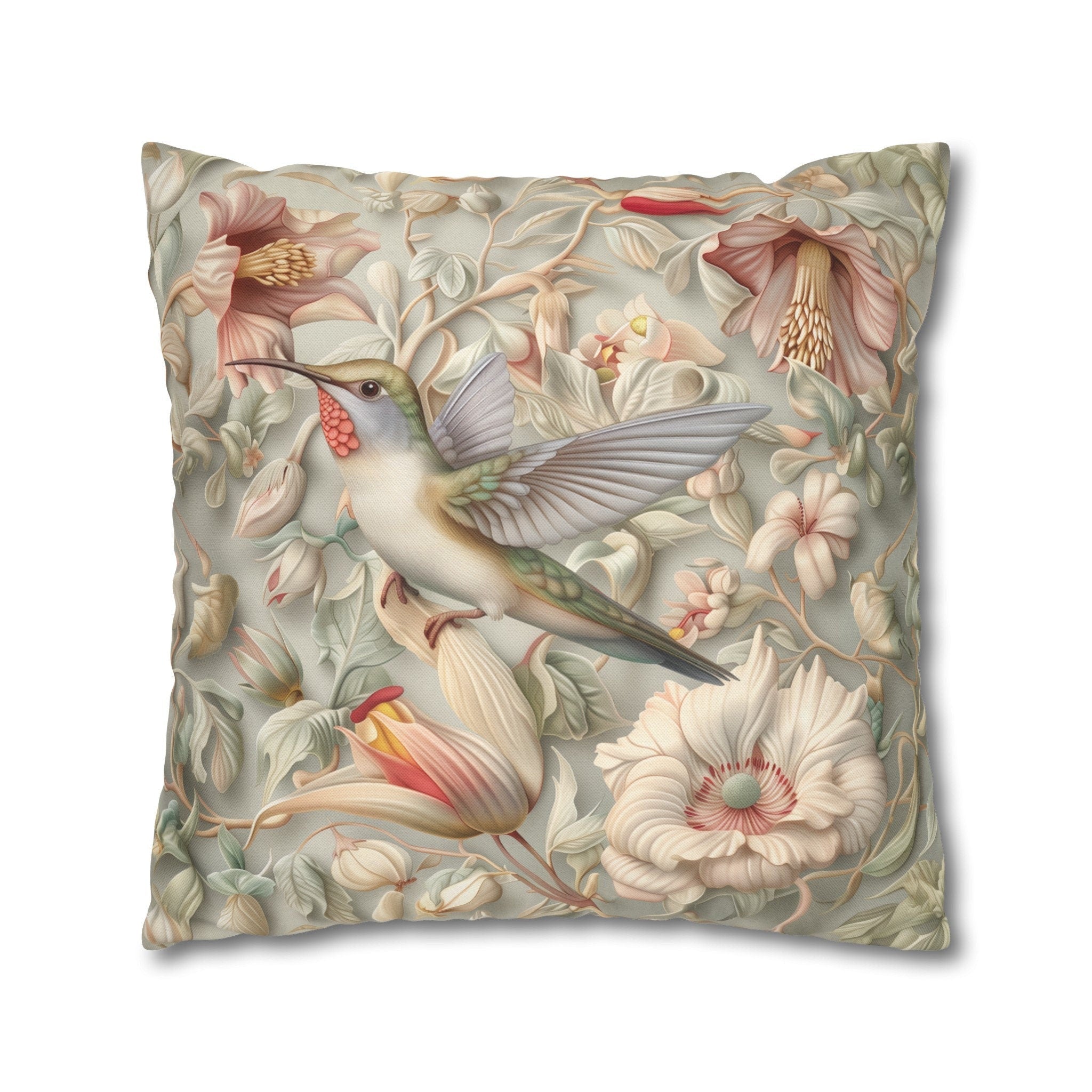 William Morris Hummingbird Pillow Cover: Vintage Style Floral Art, Pastel Green