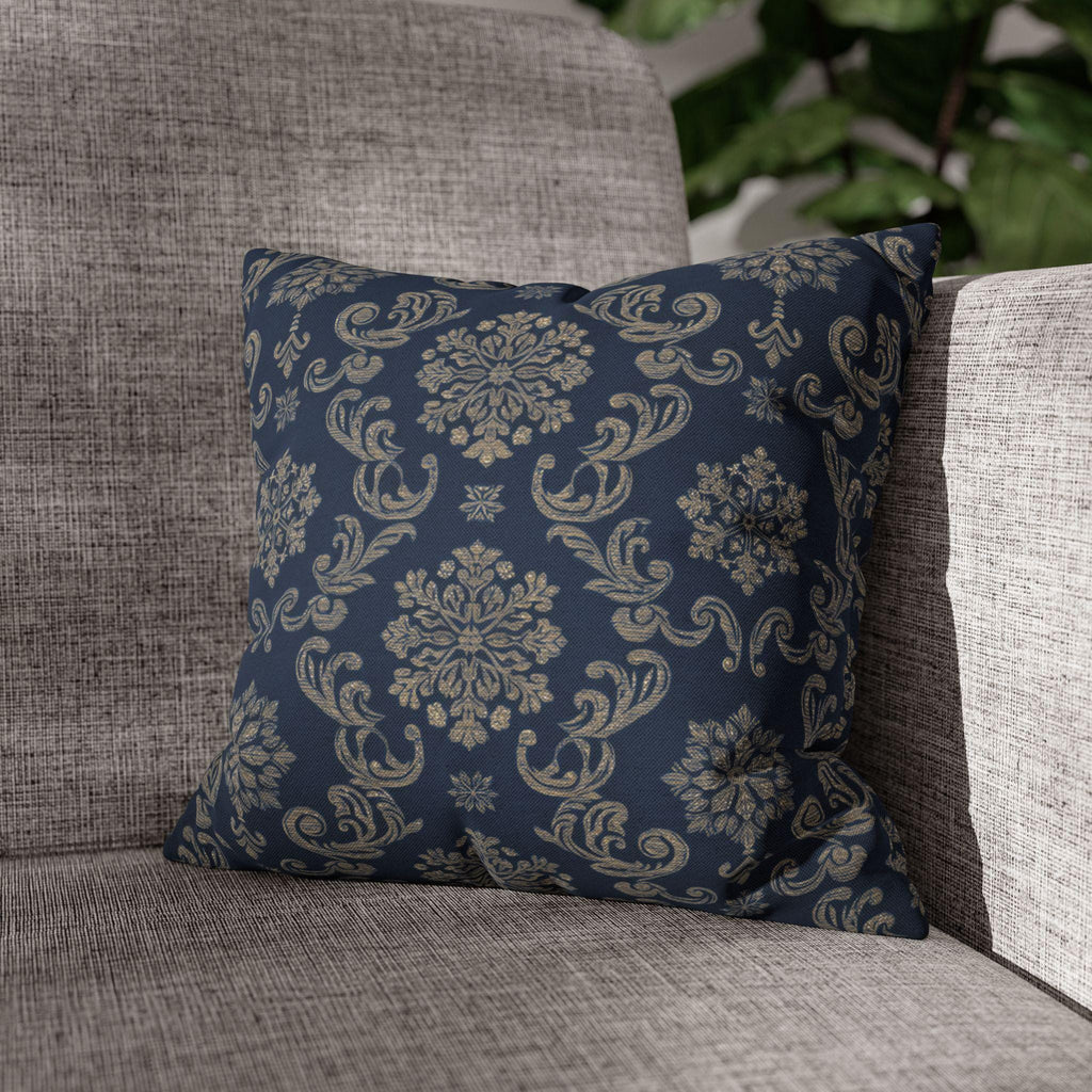 Elegant Silver Snowflake Pillow Cover: Deep Blue Holiday Decor