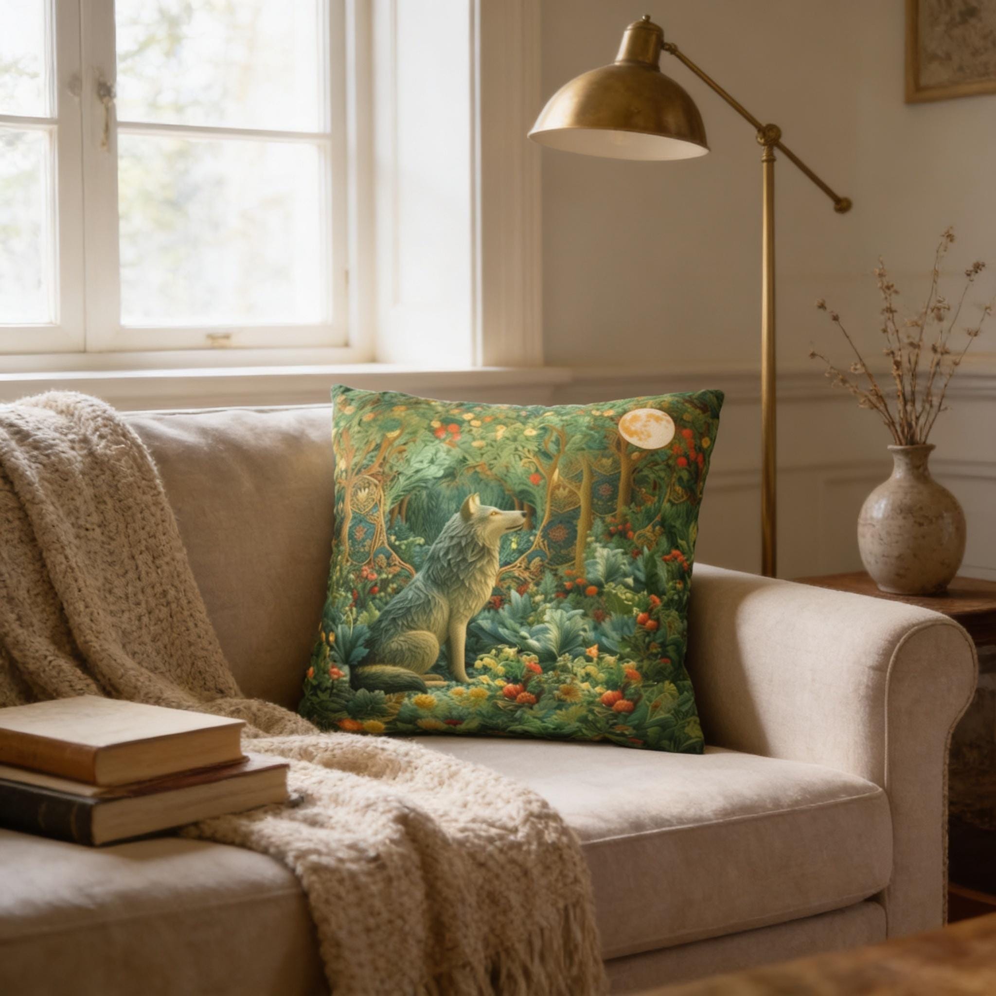 William Morris Inspired Pillow Cover: Full Moon Woodland Wolf Design