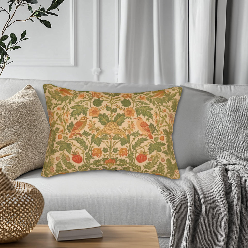 William Morris Strawberry Thief Inspired Lumbar Pillow: Sage, Terracotta, Cream Pillow