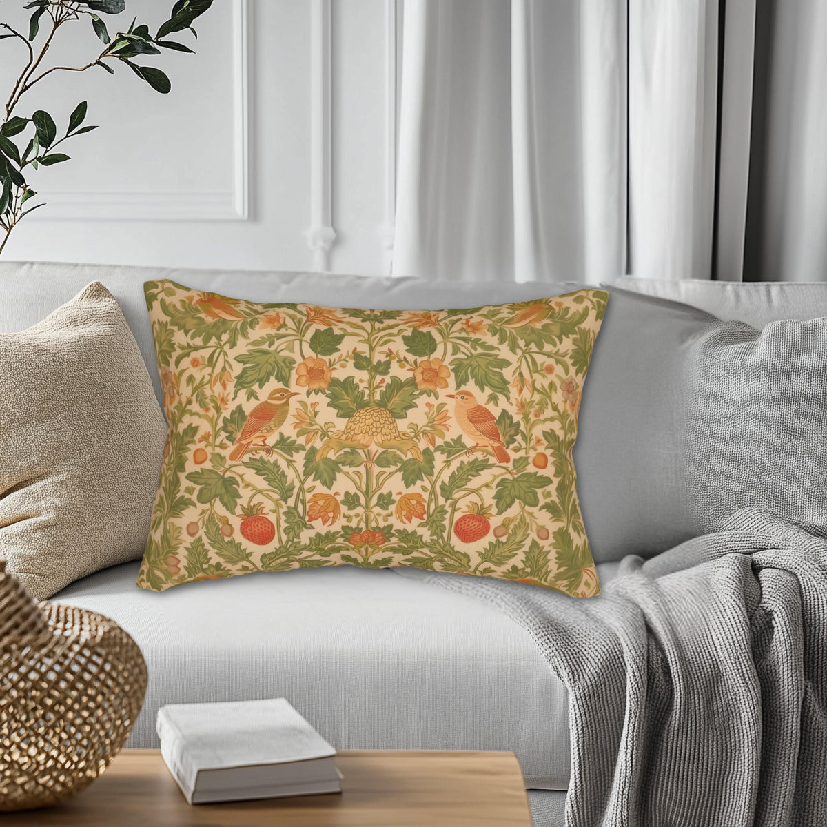 William Morris Strawberry Thief Inspired Lumbar Pillow: Sage, Terracotta, Cream Pillow