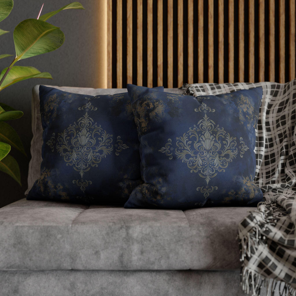 Navy Blue Damask Pillow Cover: Baroque Gold Accent Cushion