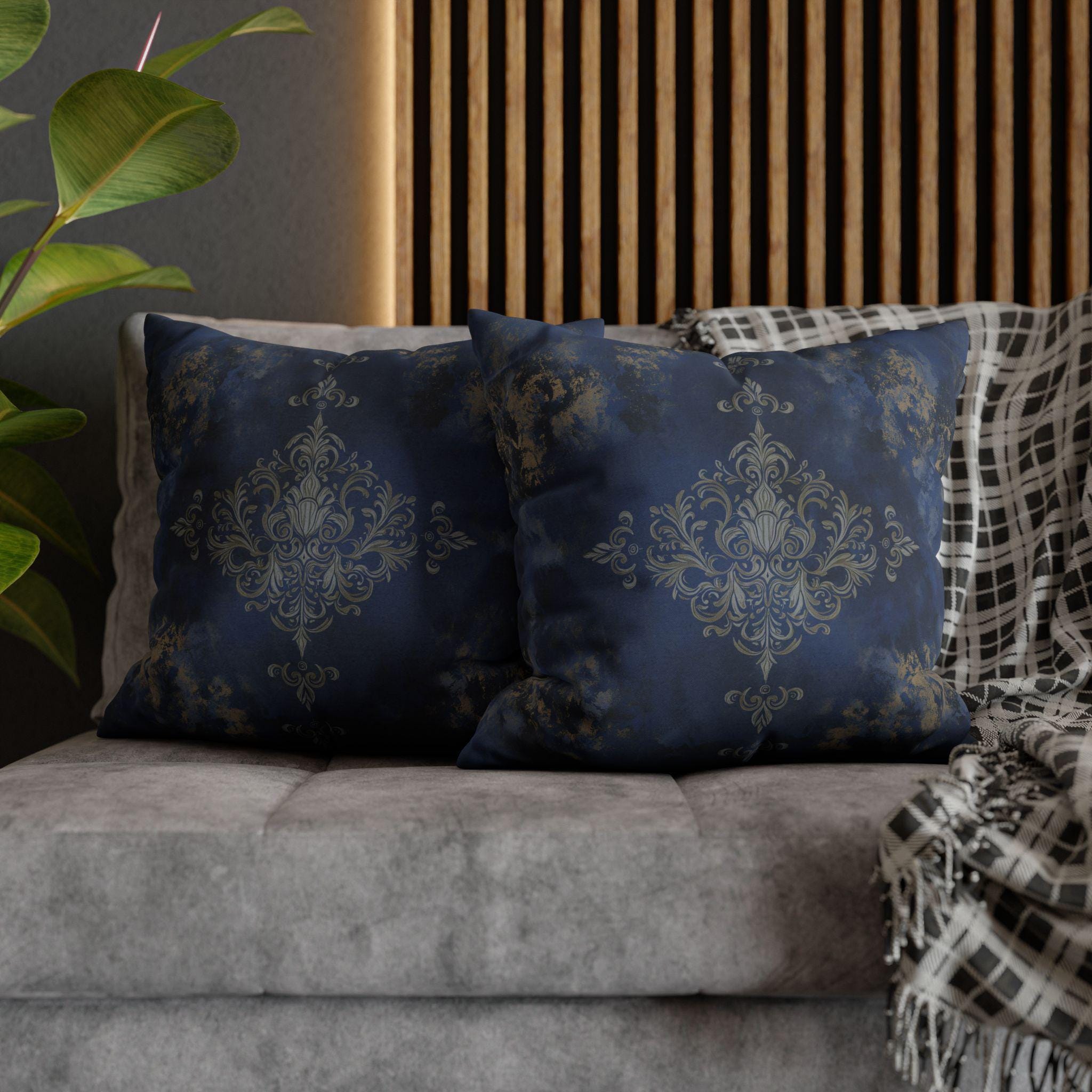 Navy Blue Damask Pillow Cover: Baroque Gold Accent Cushion