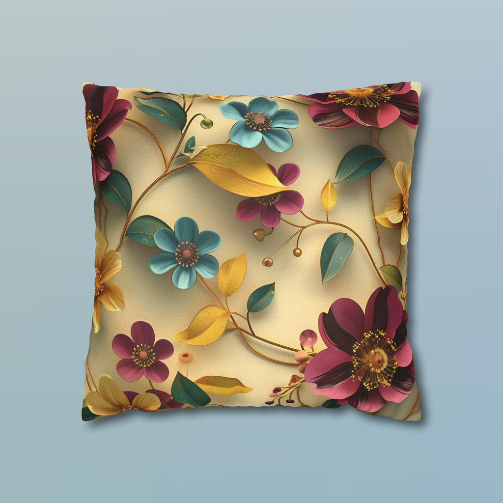 Botanical Floral Square Throw Pillow Cover: Teal, Marigold, Plum on Warm Beige Cushion Case