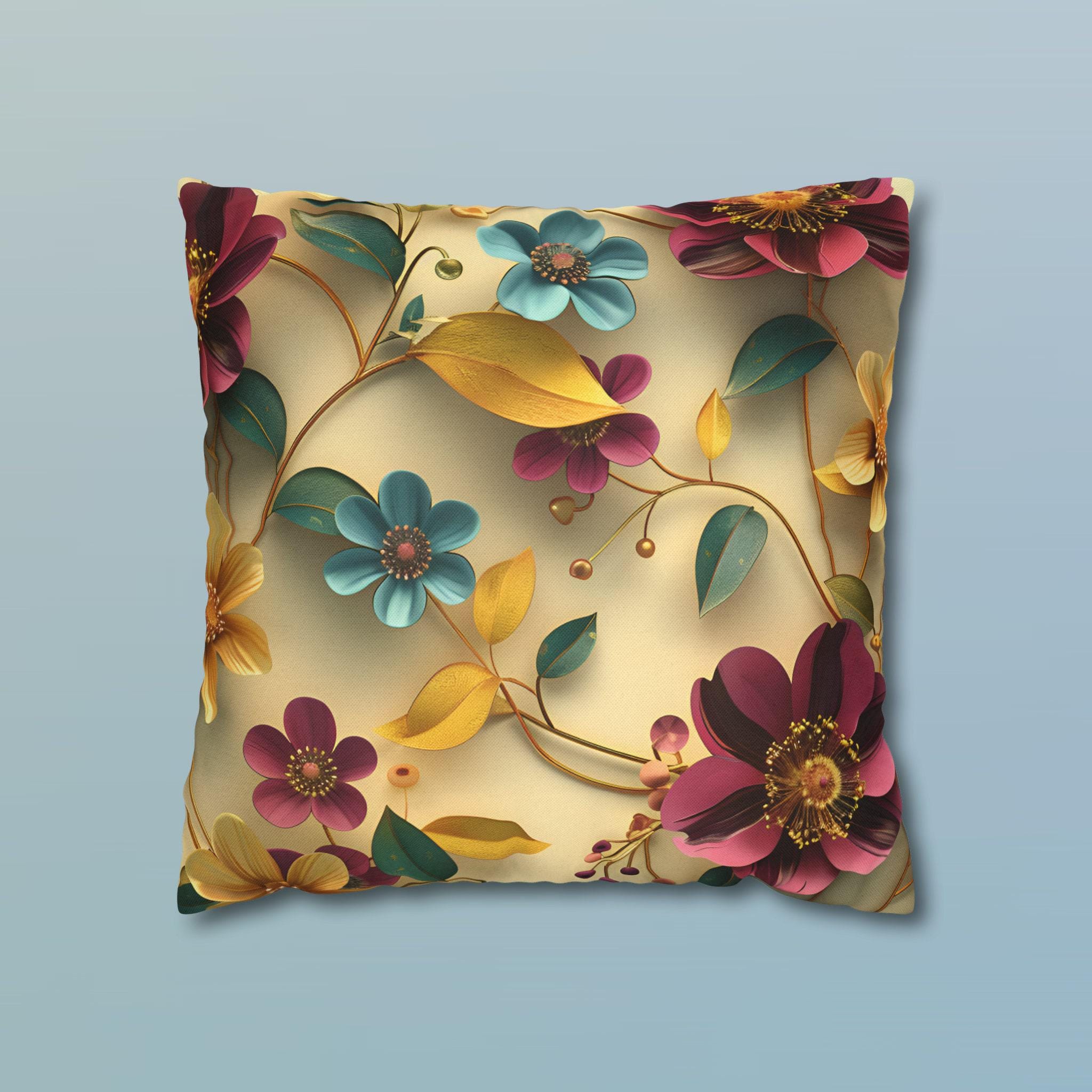 Botanical Floral Square Throw Pillow Cover: Teal, Marigold, Plum on Warm Beige Cushion Case
