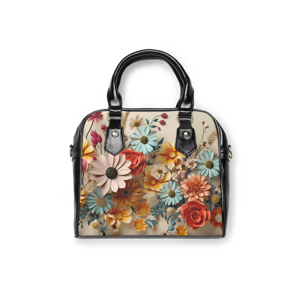 Vibrant Floral Meadow Shoulder Handbag - Designer-Style Faux Leather Purse with Cream Background