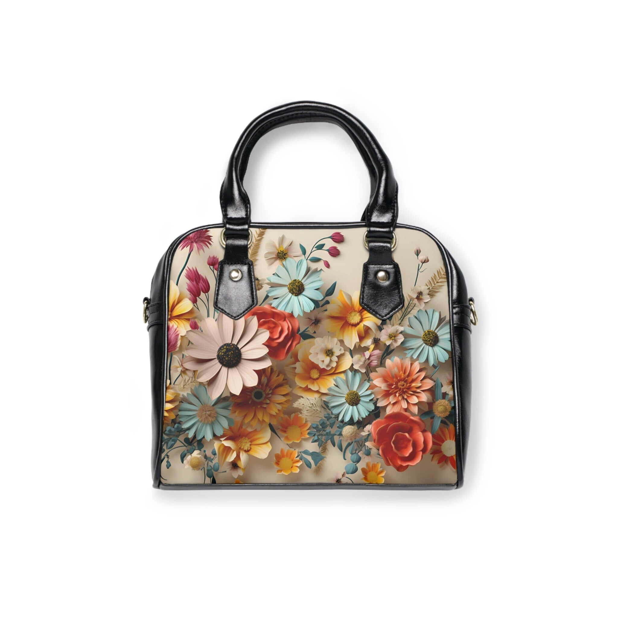 Vibrant Floral Meadow Shoulder Handbag - Designer-Style Faux Leather Purse with Cream Background