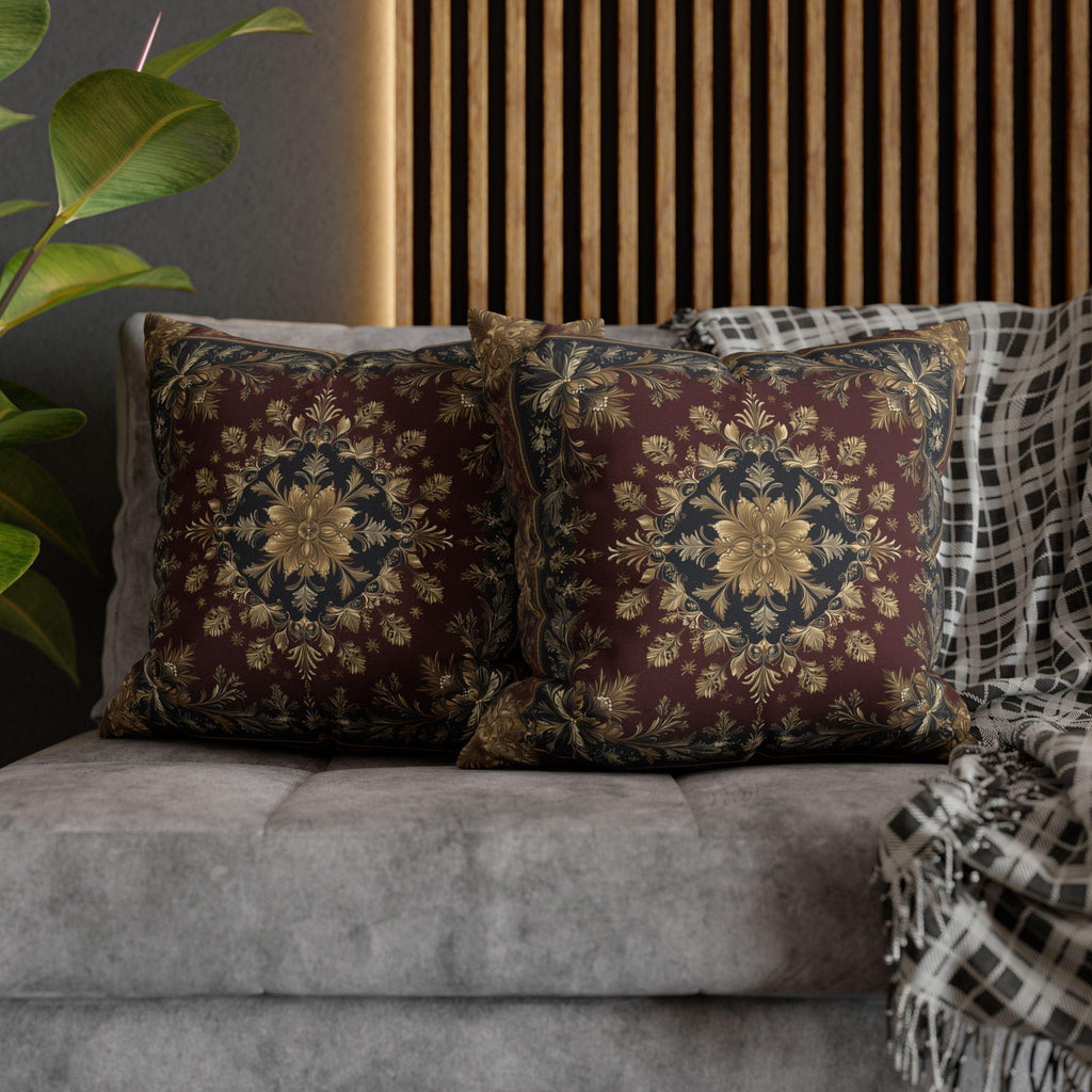 Vintage Inspired Pillow Cover: Gold Floral Burgundy Cushion