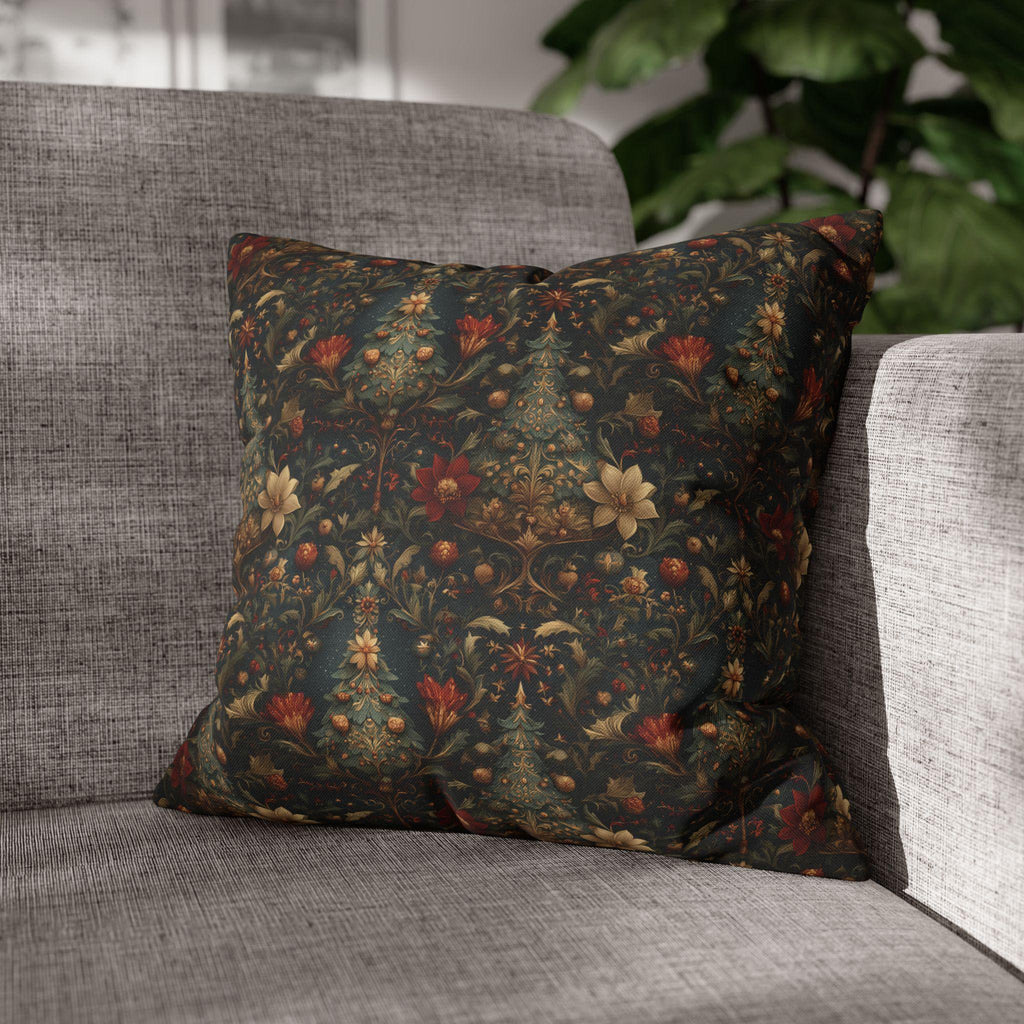 Intricate Christmas Trees and Florals Pillow Cover: William Morris Style Holiday Botanical Design