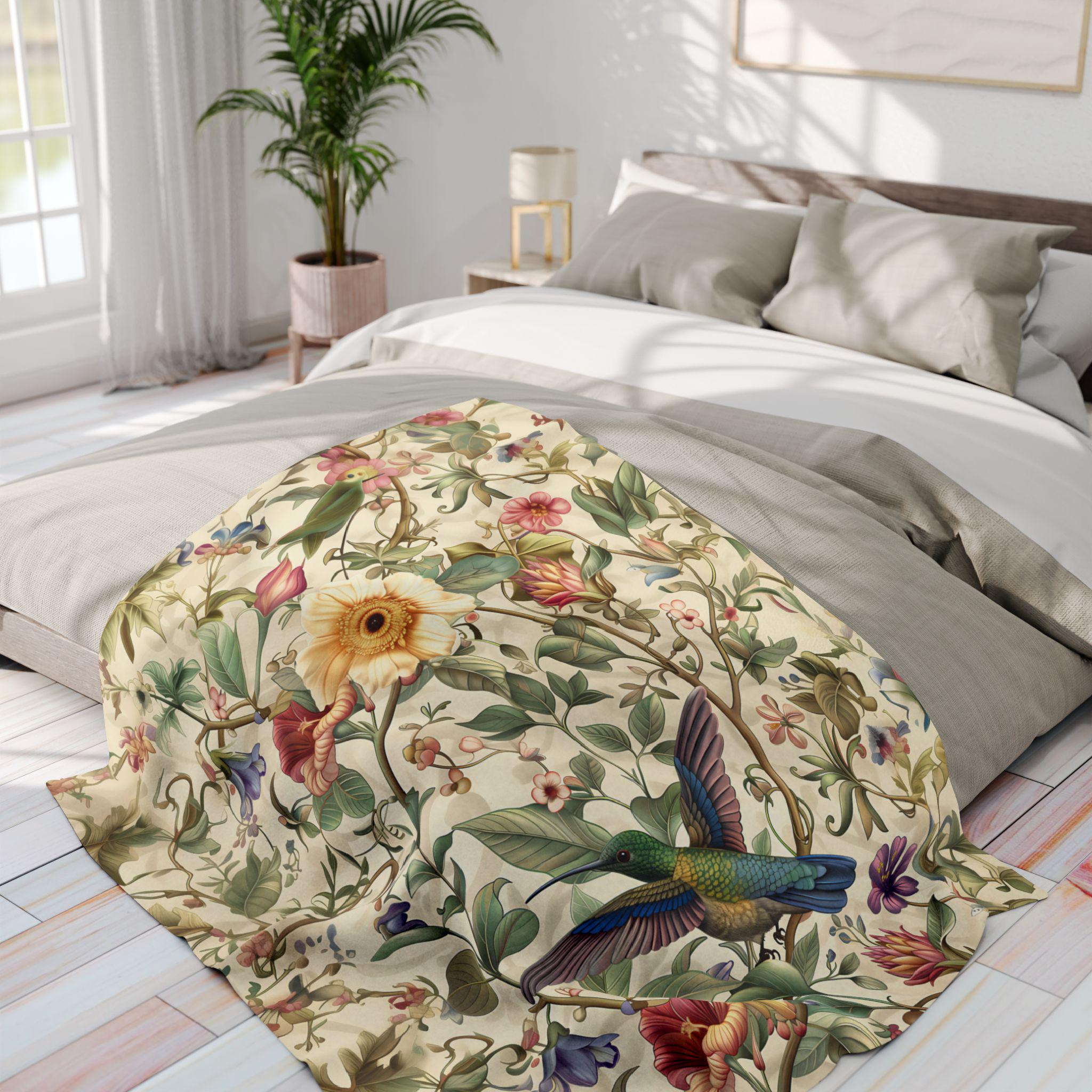 William Morris Inspired Hummingbird Fleece Throw Blanket with Elegant Floral Design