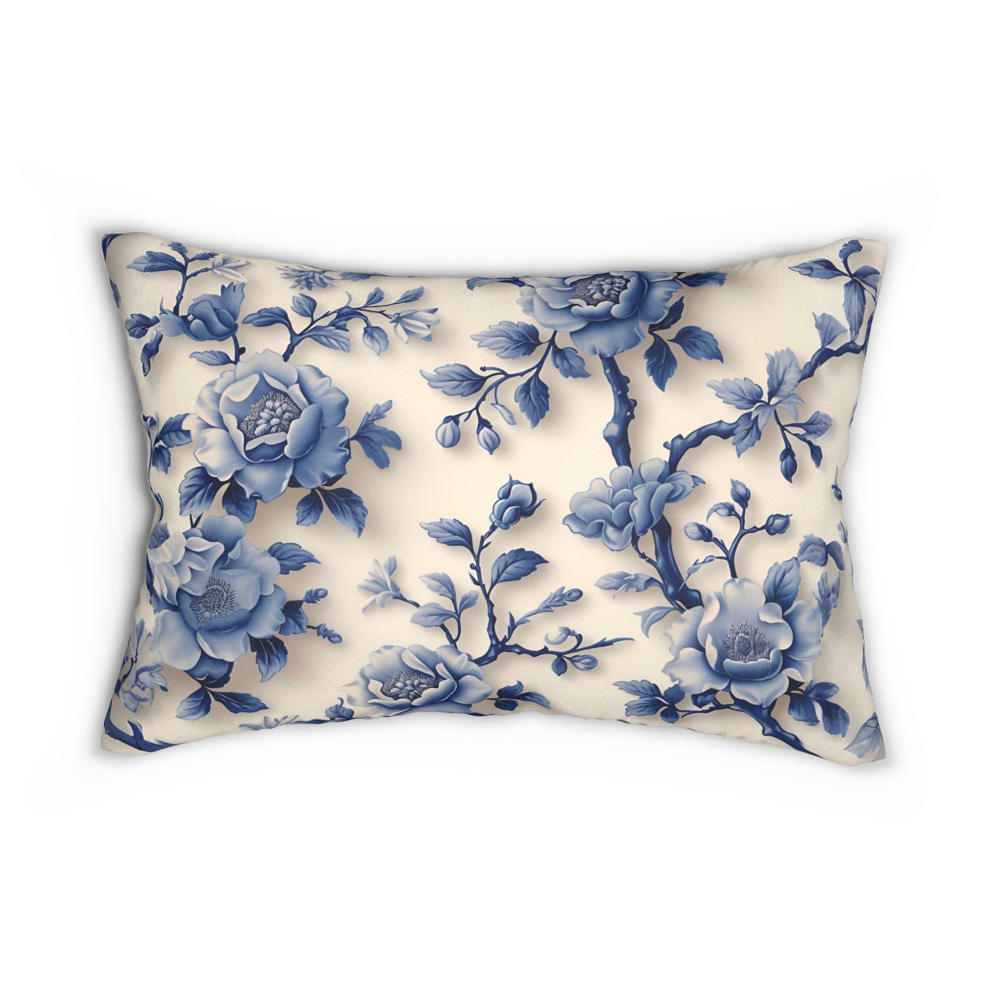Elegant Chinoiserie Floral Lumbar Pillow - Asian-Inspired Porcelain Design Home Accent (20x14)