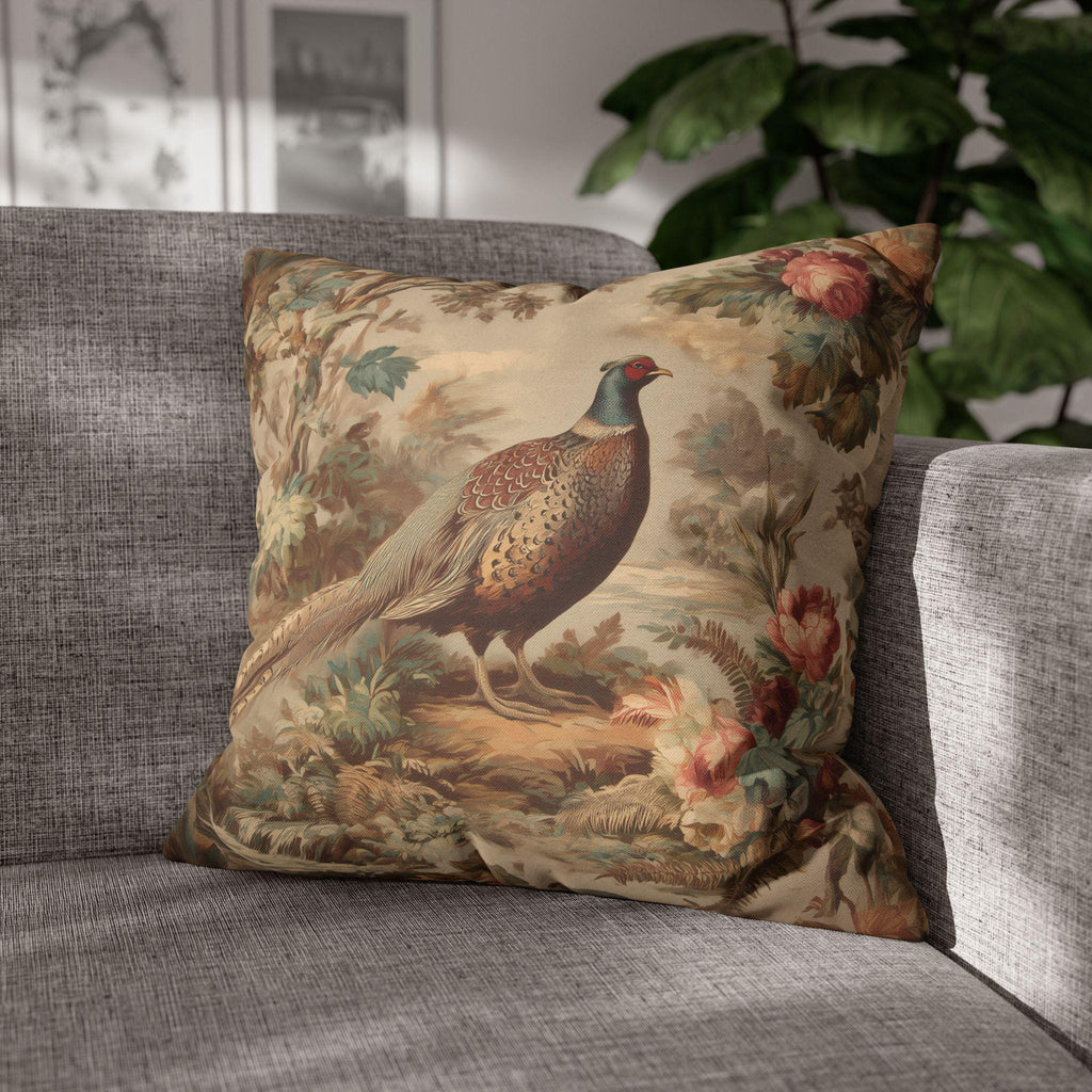 French Country Pheasant Throw Pillow Cover: Vintage Style Toile Bird Design