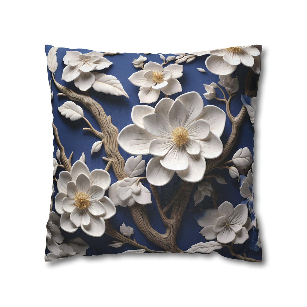 Elegant Chinoiserie White Blossom Pillow Cover | Blue Floral Art | Serene Asian-Inspired Decor