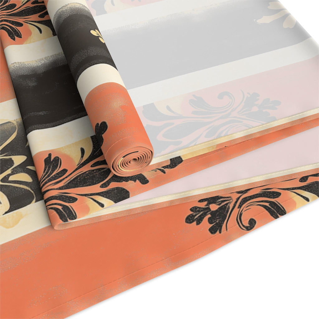 Elegant Patriotic Farmhouse Table Runner: Red, White & Navy Stripes with Gold Damask Floral Motifs