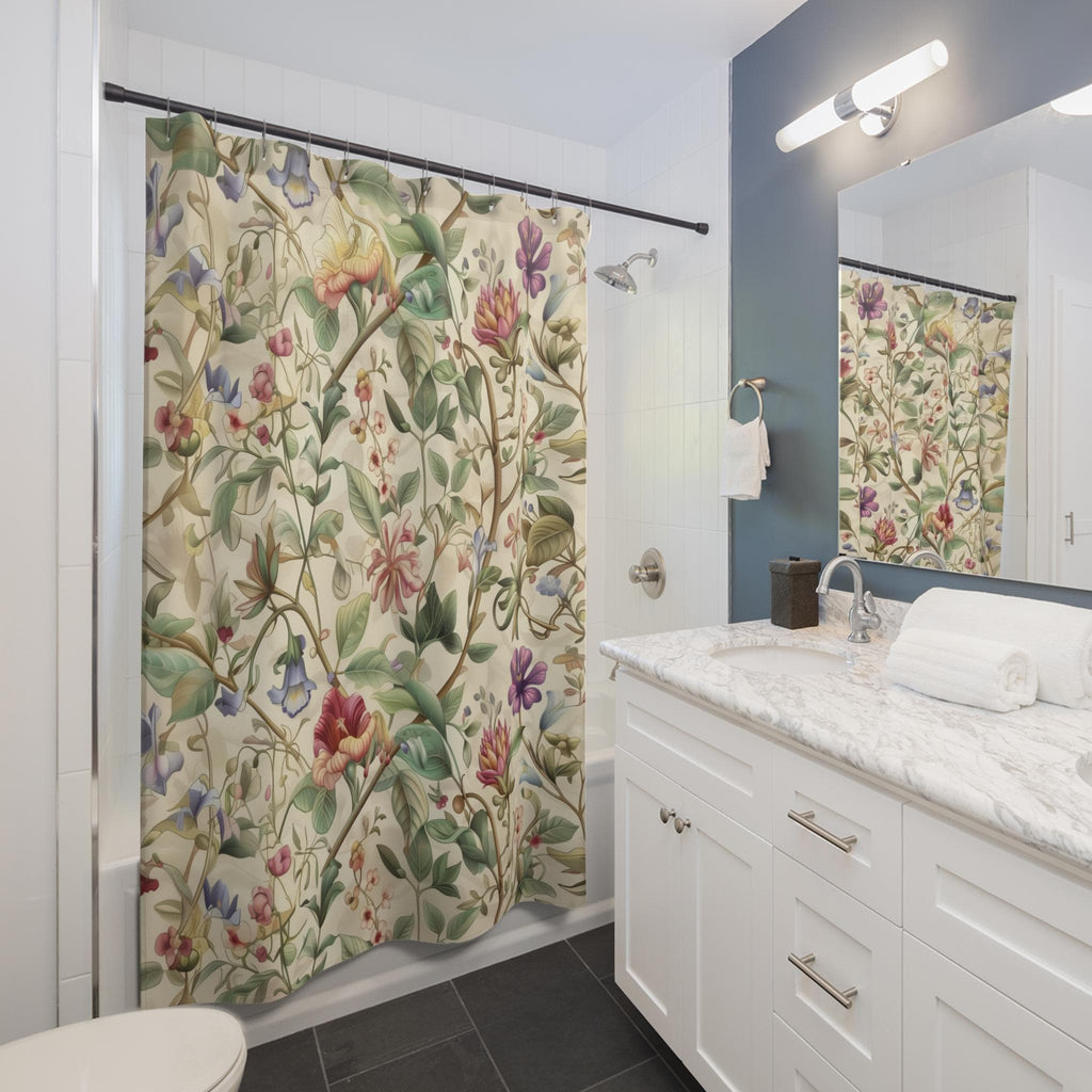 William Morris Shower Curtain: Vintage Botanical Vine and Floral Design on Cream Background