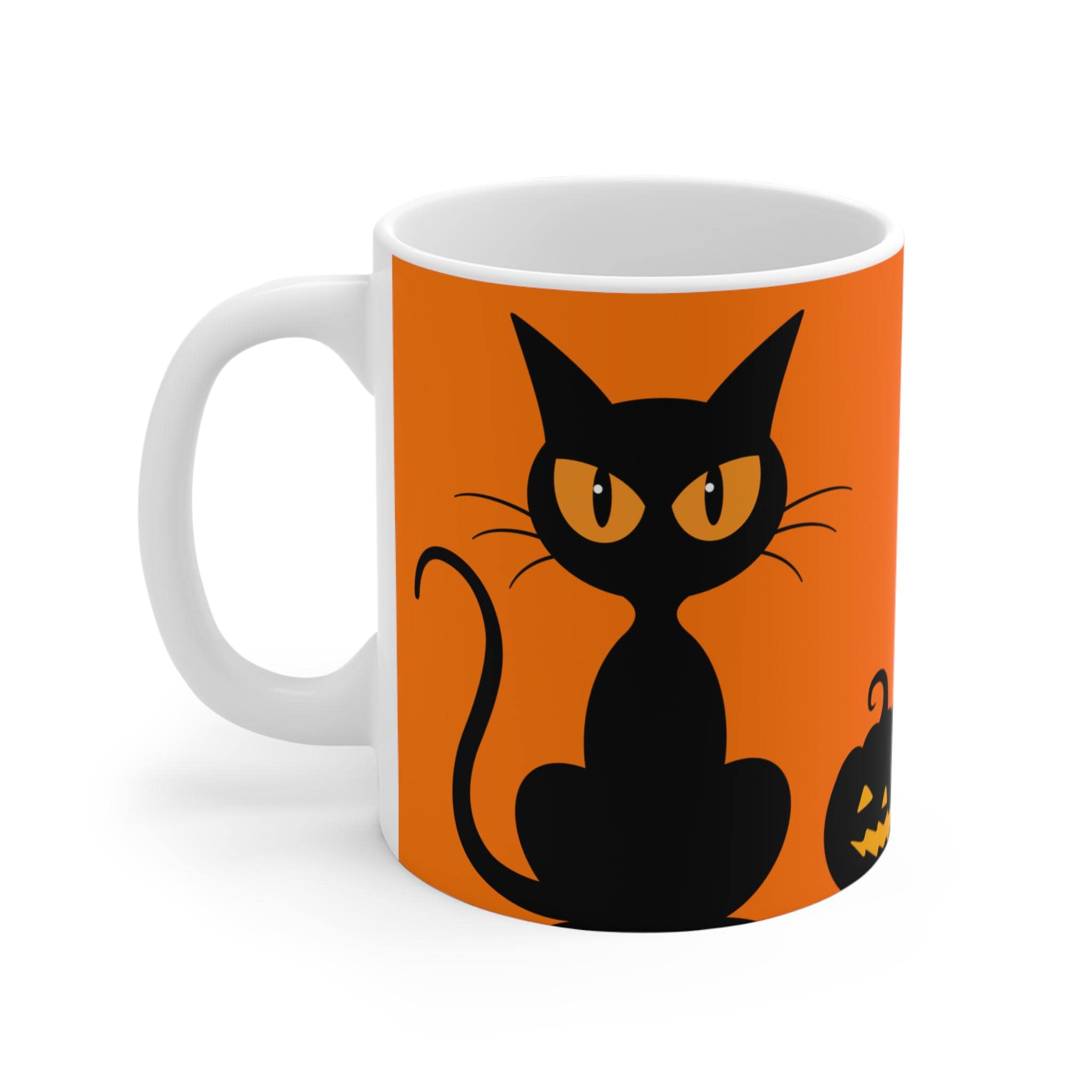 Halloween Black Cat Mug: Spooky Jack-O-Lantern Decor, 11oz Ceramic Cup