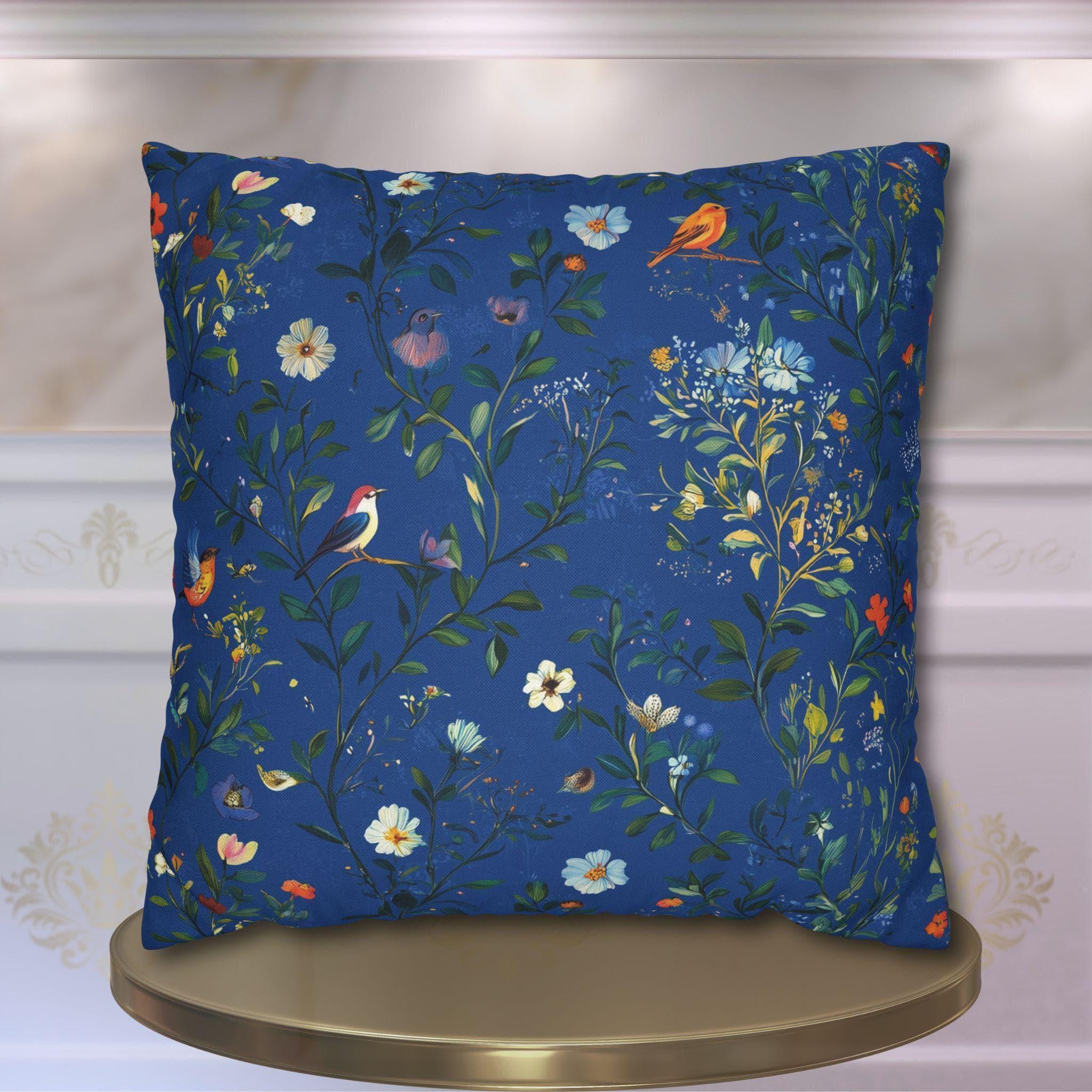 Elegant Navy Chinoiserie Bird Pillow Cover: Vintage-Inspired Garden Scene for Classic Home Decor