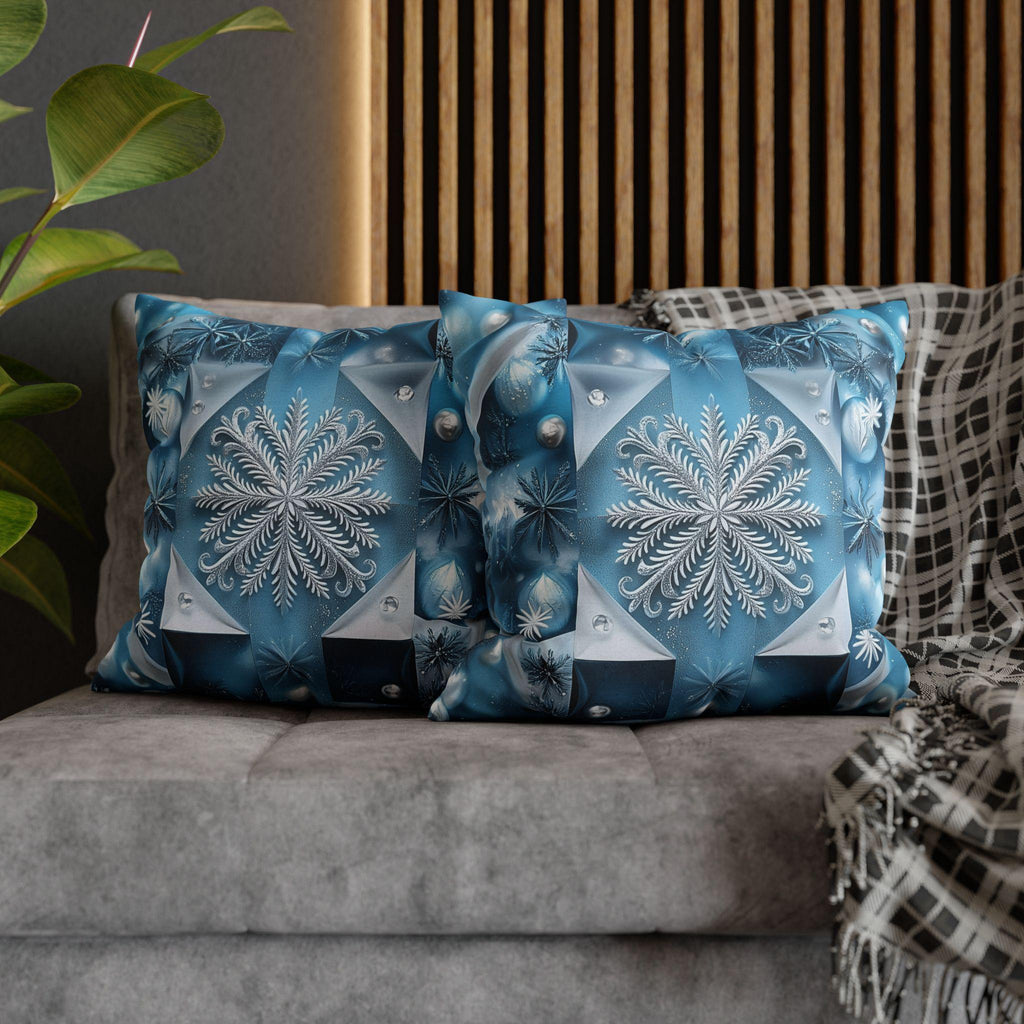 Icy Blue Frozen Snowflake Pillow Cover, with Silver & White Winter Home Decor Pillowcase