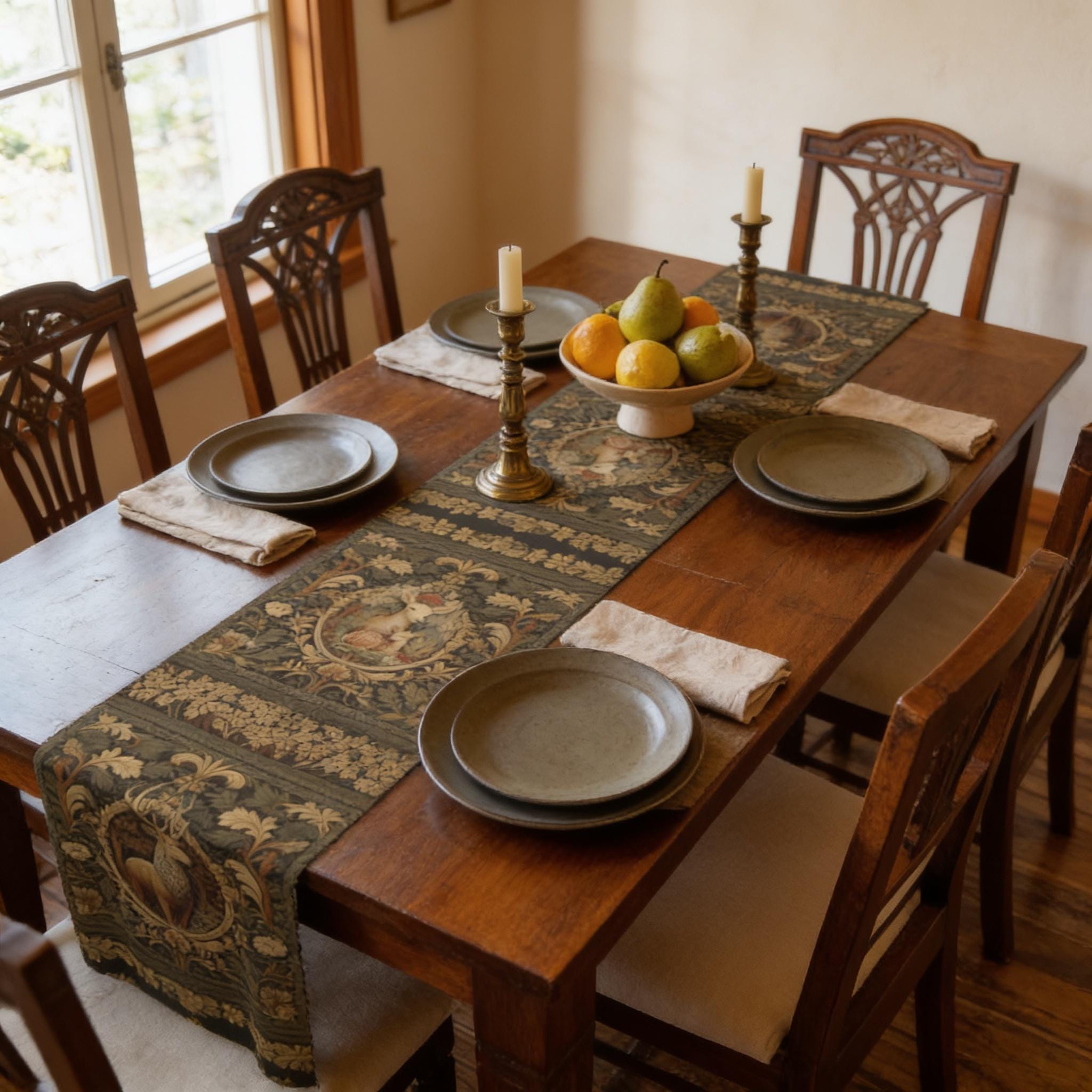 William Morris Inspired Noble Stag Table Runner: with Doe and Fawn Woodland Design