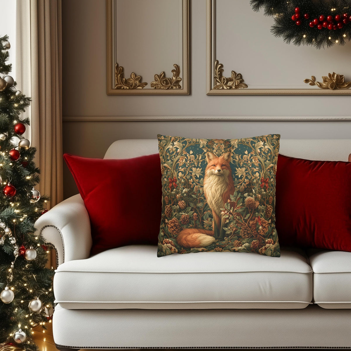 William Morris Inspired Christmas Pillow Cover: Woodland Fox Botanical Holiday Decor