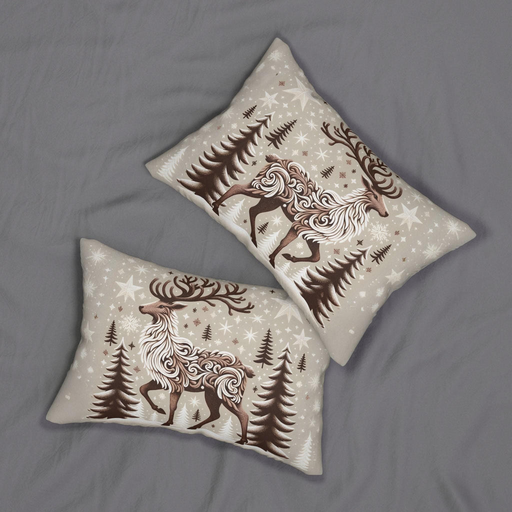 Flocked Reindeer: Intricately Detailed Lumbar Pillow with Snowy Winter Backdrop