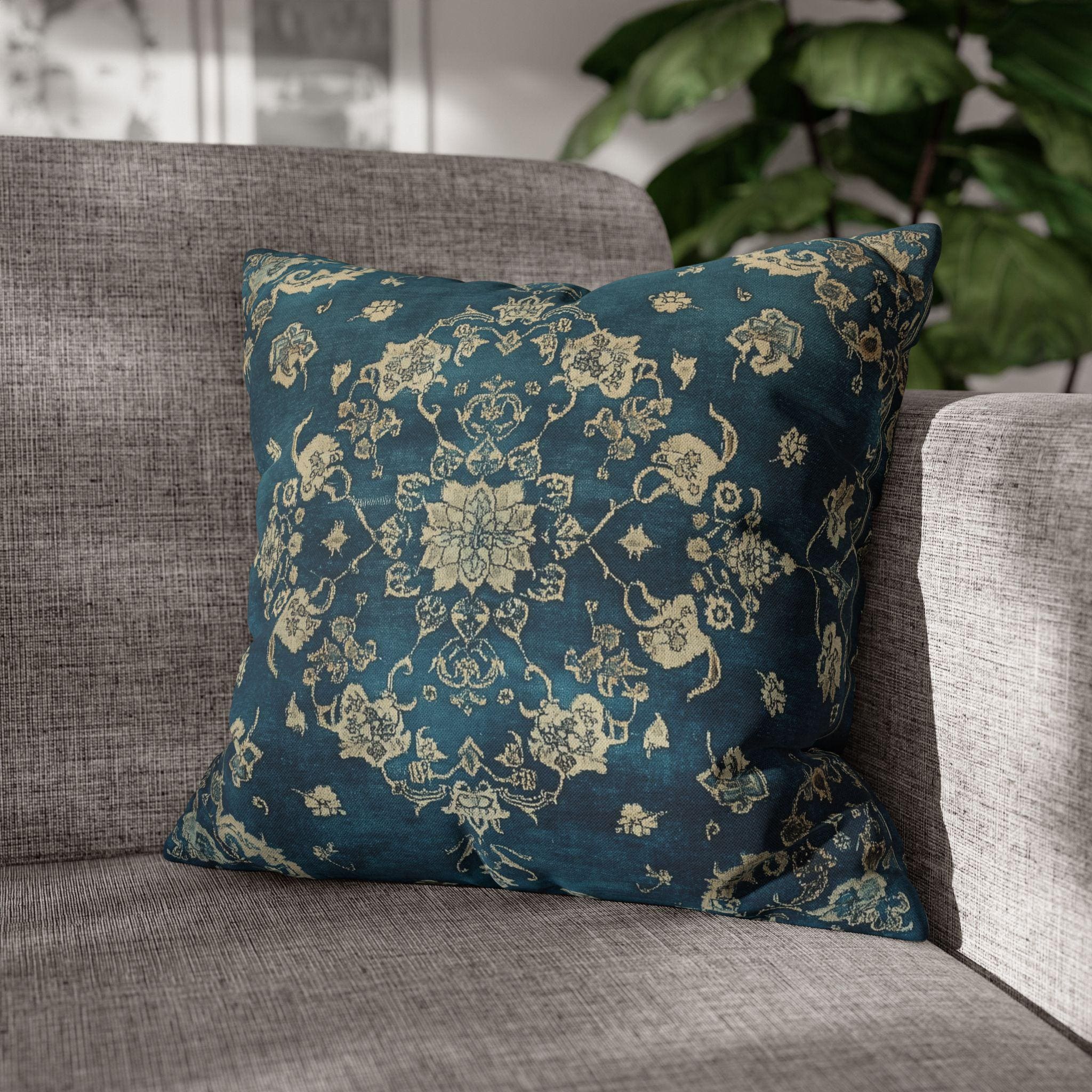 Vintage Teal Medallion Pillow Cover: Persian Rug Print Cushion