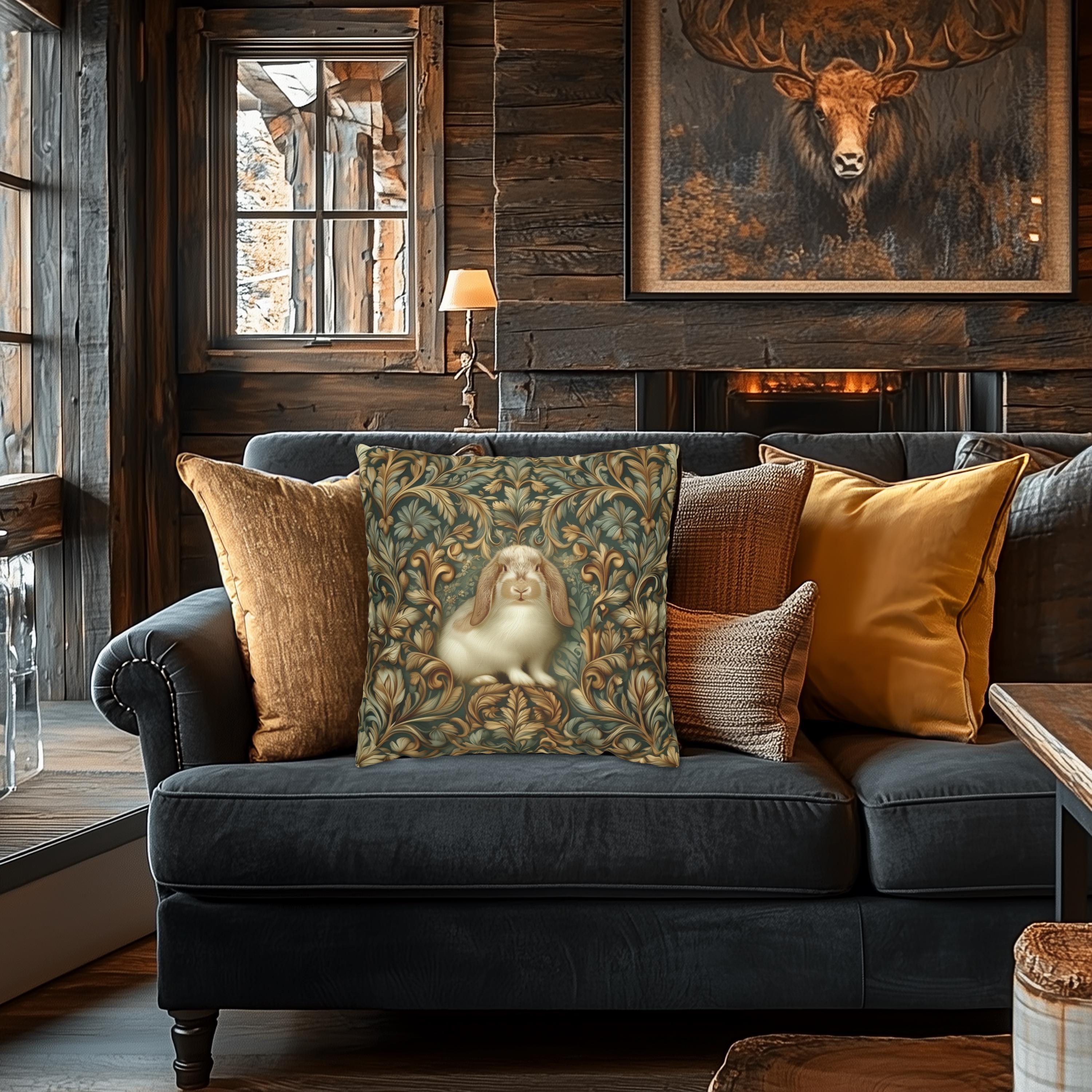 William Morris Woodland Botanical Pillow Cover: American Fuzzy Lop Rabbit