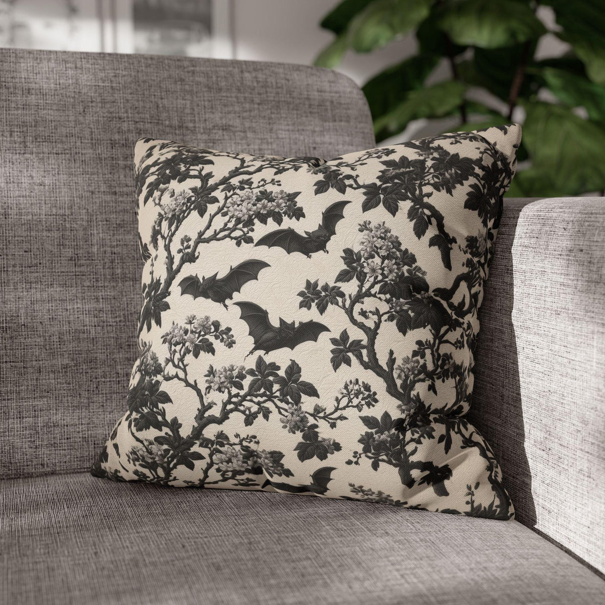 Chinoiserie Five Bats Pillow Cover: Black and Cream Halloween Floral