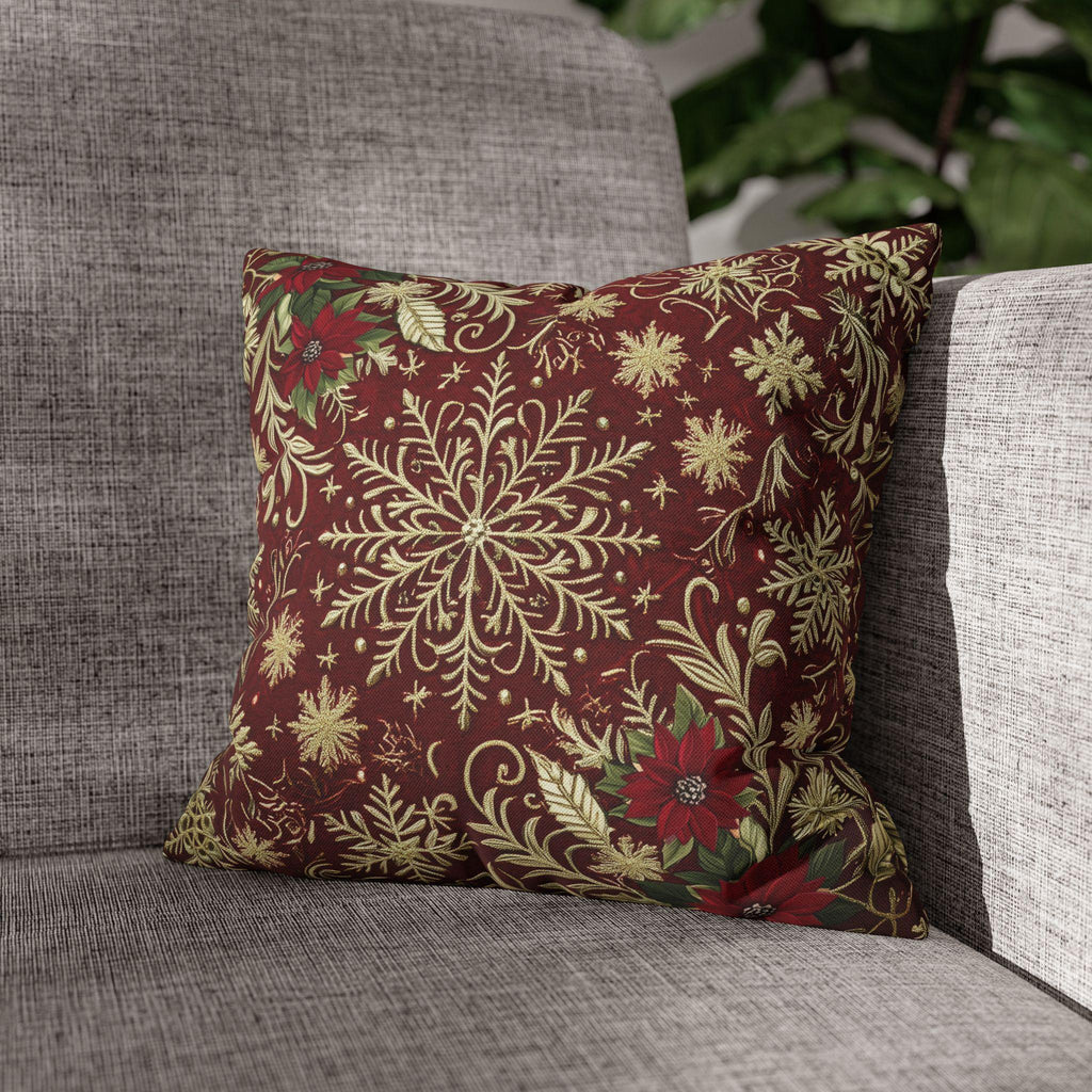 Christmas Snowflake Pillow Cover: Crimson Red Antique Gold with Deep Green Accents