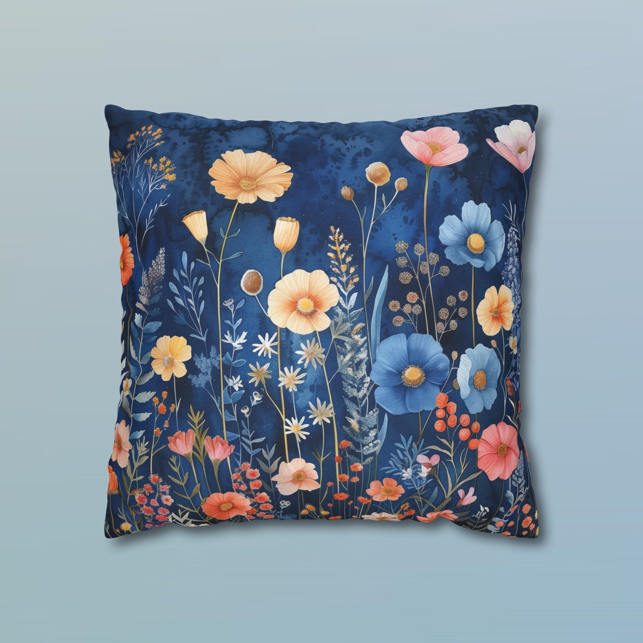 Navy Blue Floral Pillow Cover: Dreamy Garden Accent