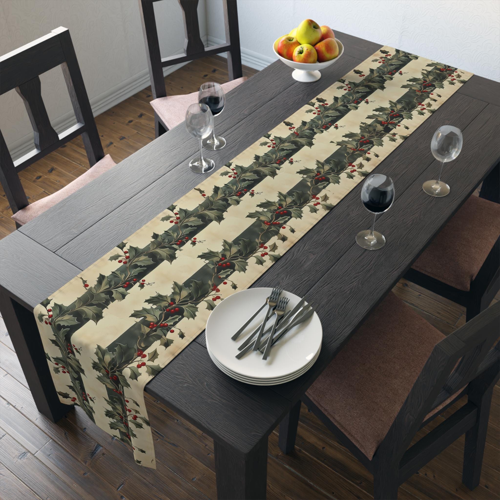 Classic Vintage Style Holly & Stripes Table Runner: Botanical Winter Holiday Dining Decor