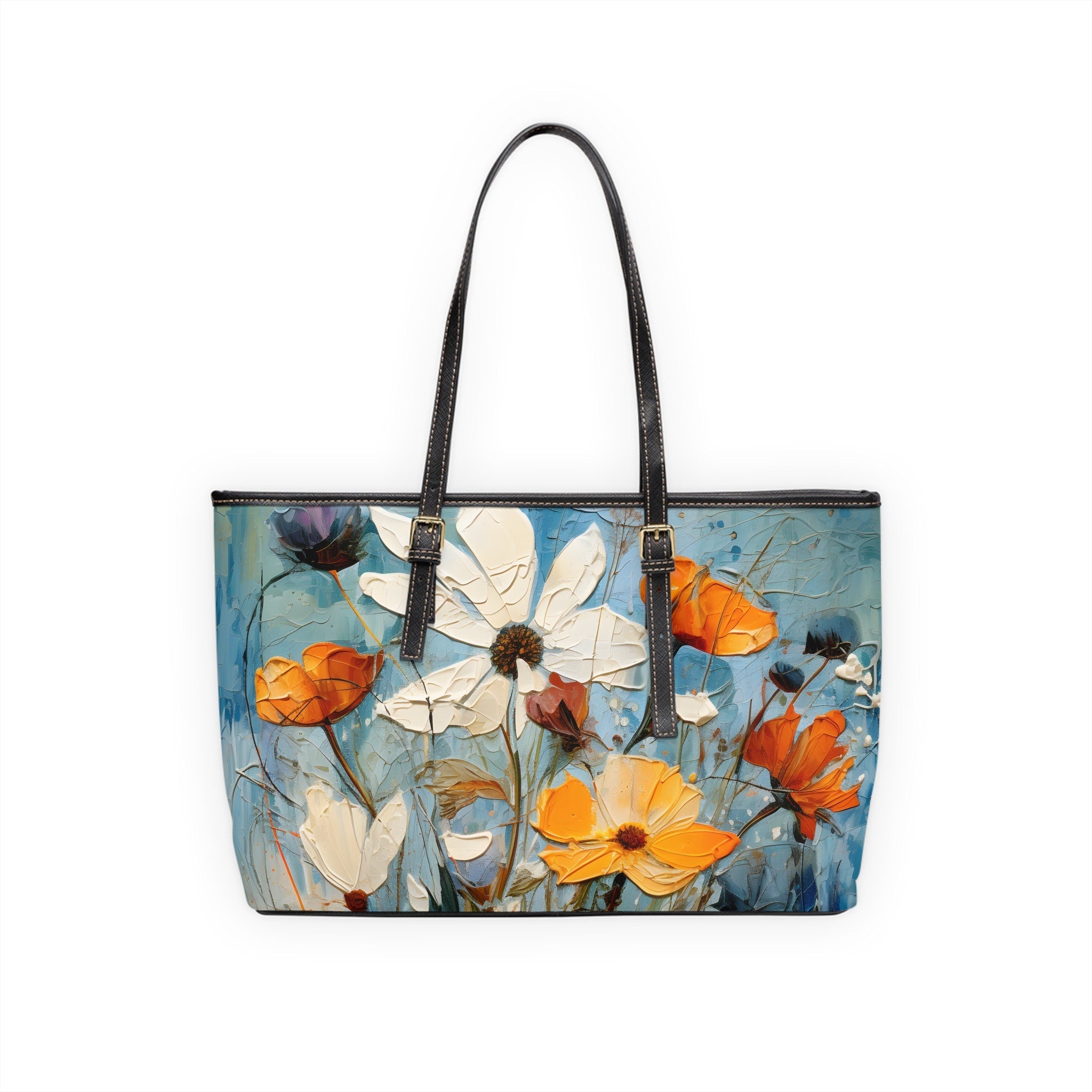 Wildflower Oil Painting Style Shoulder Bag: Oversized Vegan Leather Tote