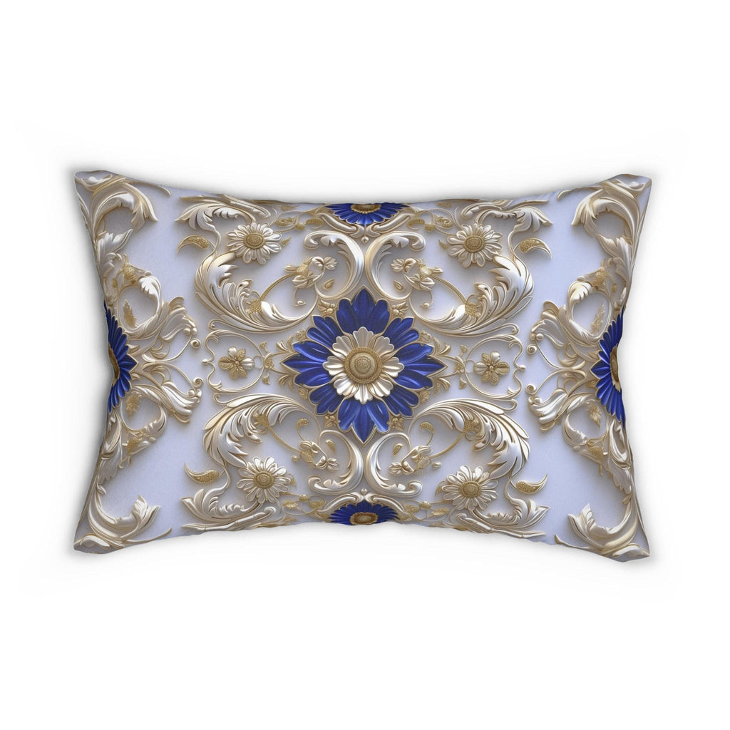 Elegant Baroque Cobalt Blue Lumbar Pillow with Silver-Gray and Gold Accents - Classic Grandeur Design