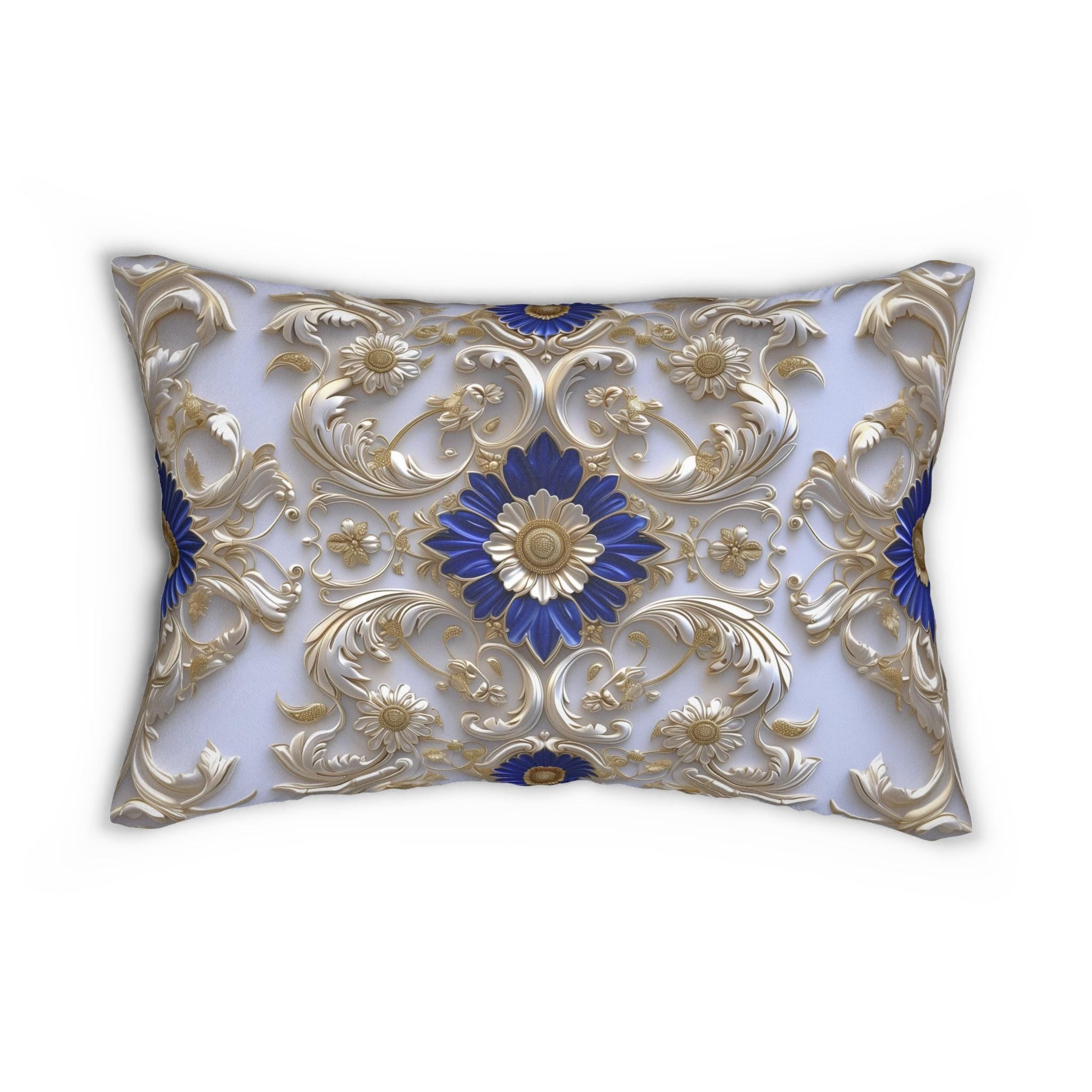 Elegant Baroque Cobalt Blue Lumbar Pillow with Silver-Gray and Gold Accents - Classic Grandeur Design