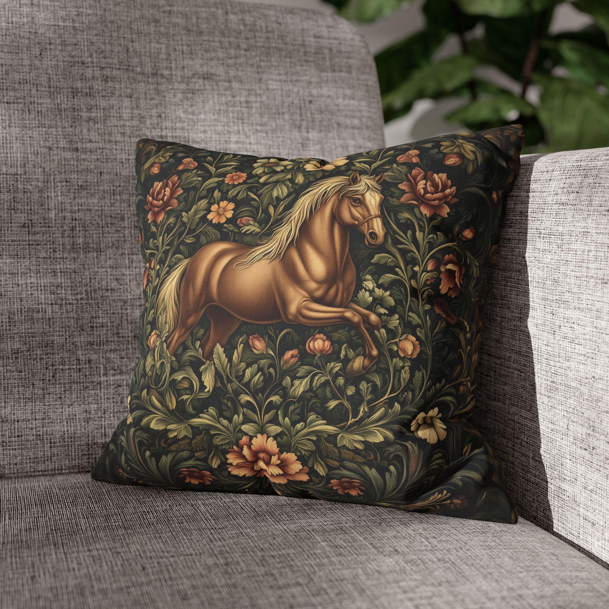 Elegant Equestrian Pillow Cover: William Morris Inspired Botanical Floral Design with Golden Horse Motif