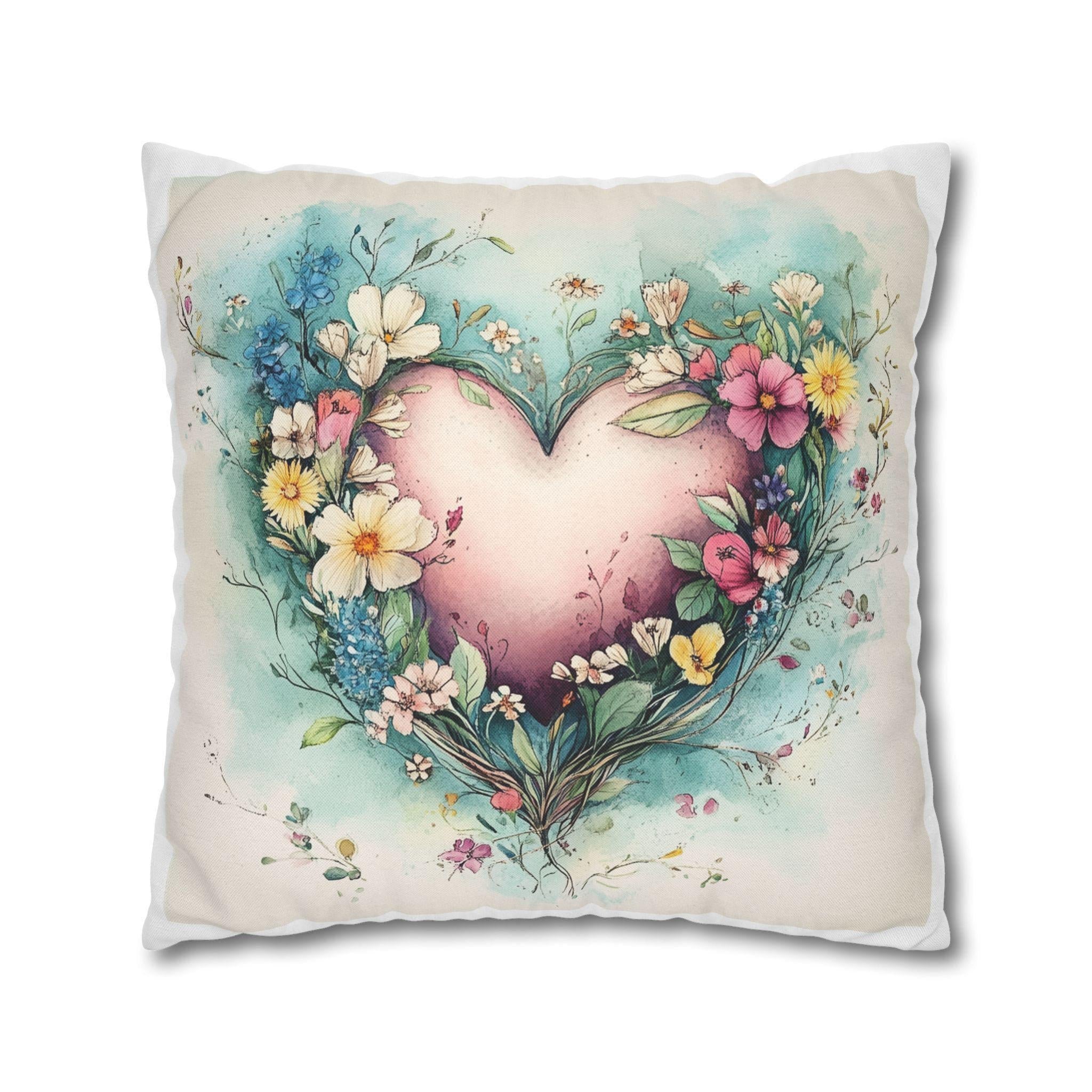 Heart-shaped Floral Wreath Pillowcase: Pastel Watercolor Cushion Cover for Romantic Home Decor