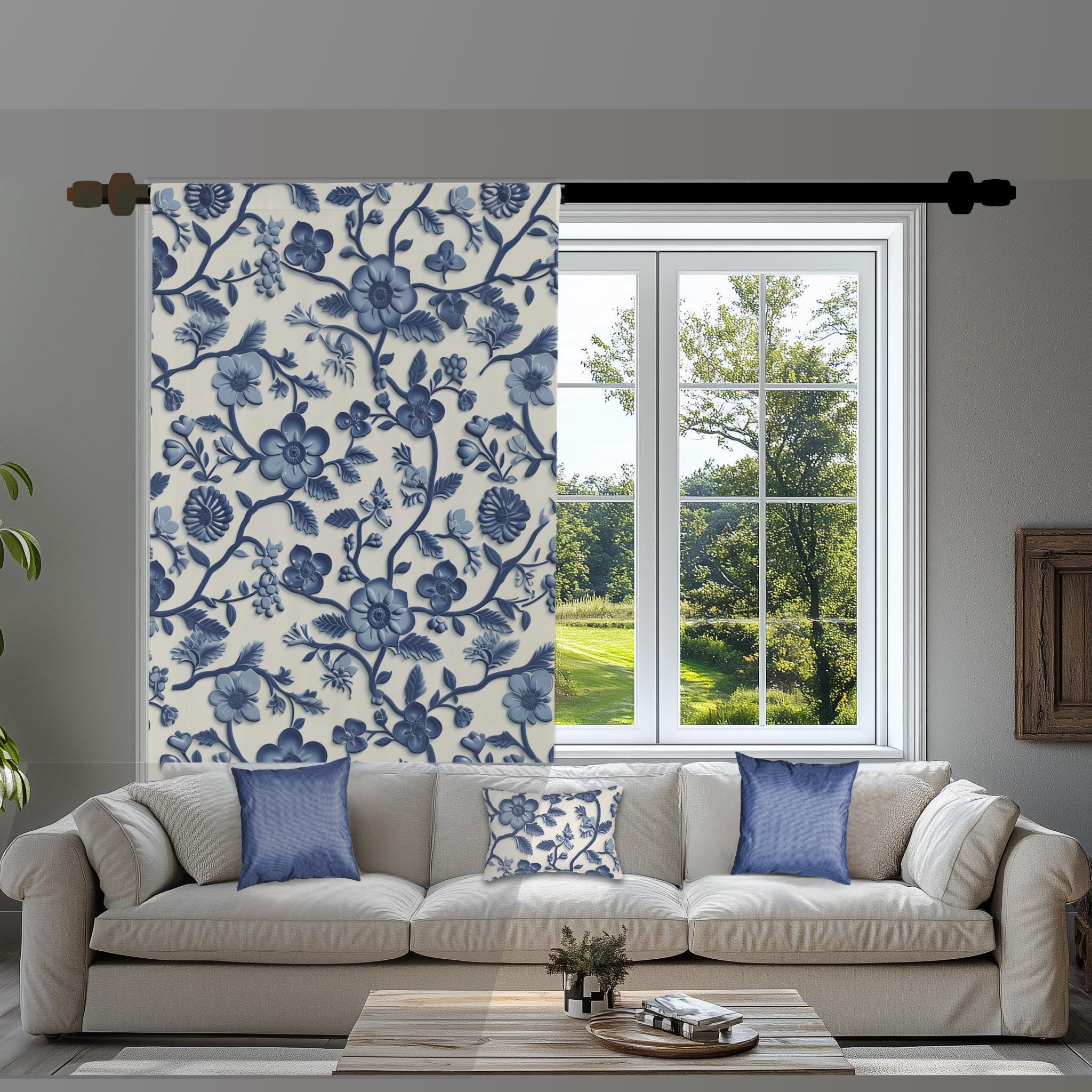 Elegant Chinoiserie Blue & White Blackout Curtain Panel - Traditional Pottery Pattern Window Drape