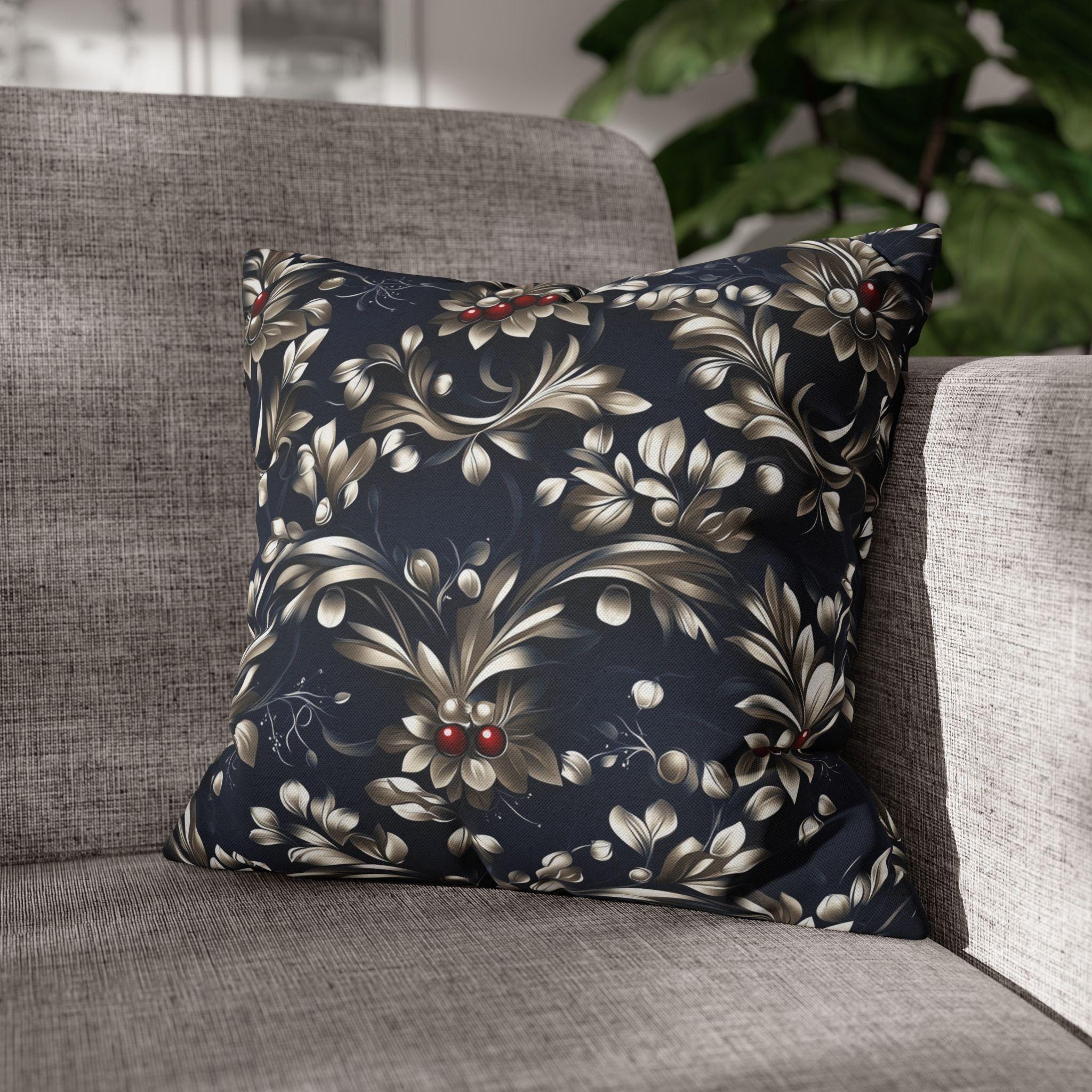 Navy Blue Holly Pillow Cover, Silver Leaf, Red Berry Christmas Decor