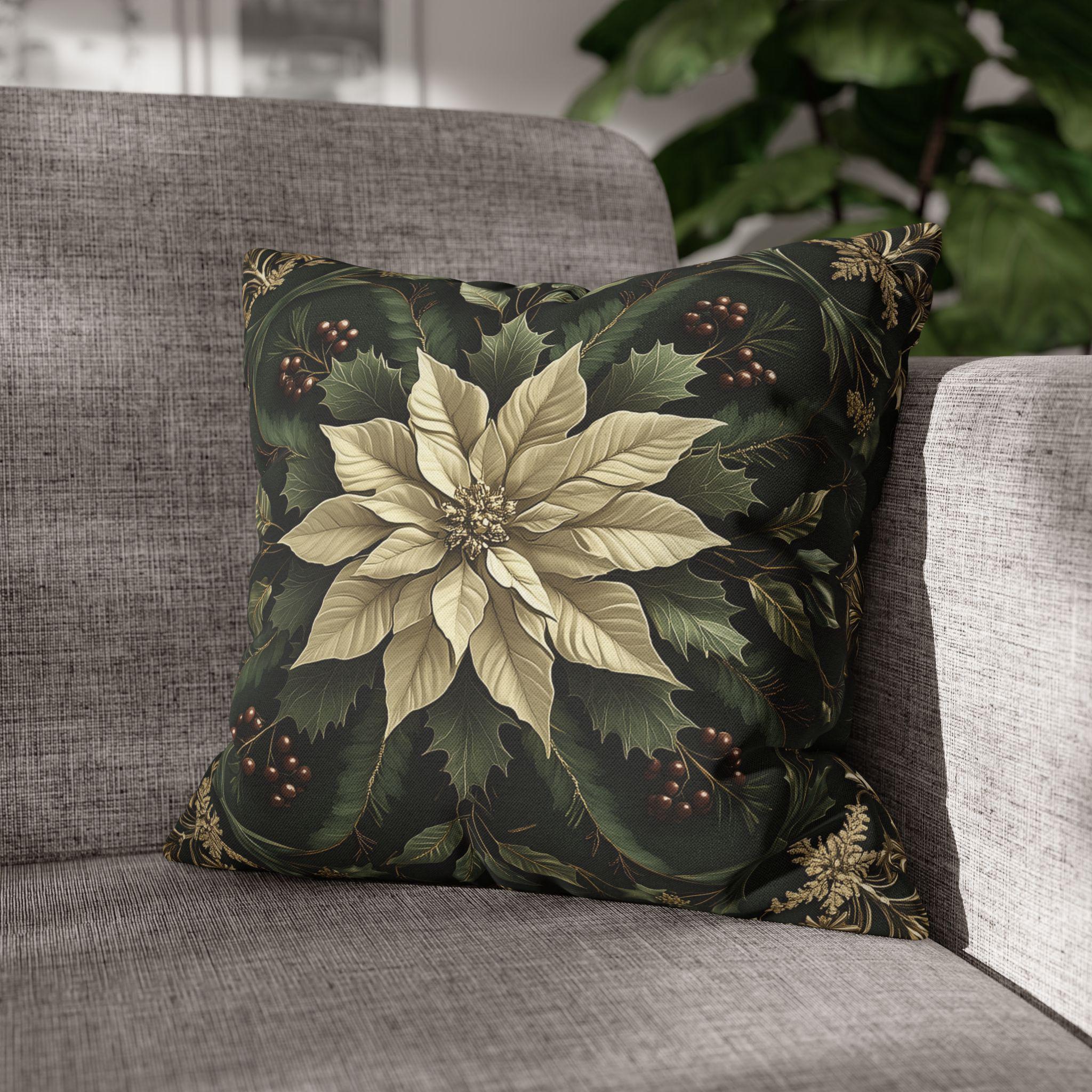 Festive Poinsettia Square Pillow Cover: Elegant Christmas Home Decor for Winter Comfort