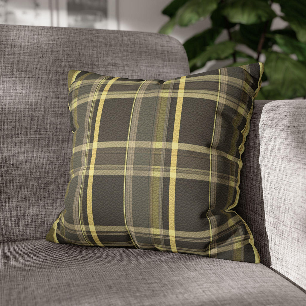 Vegan Faux Suede Material Printed Pillow Cover: Modern Olive & Golden Yellow Plaid Soft Leather-Look