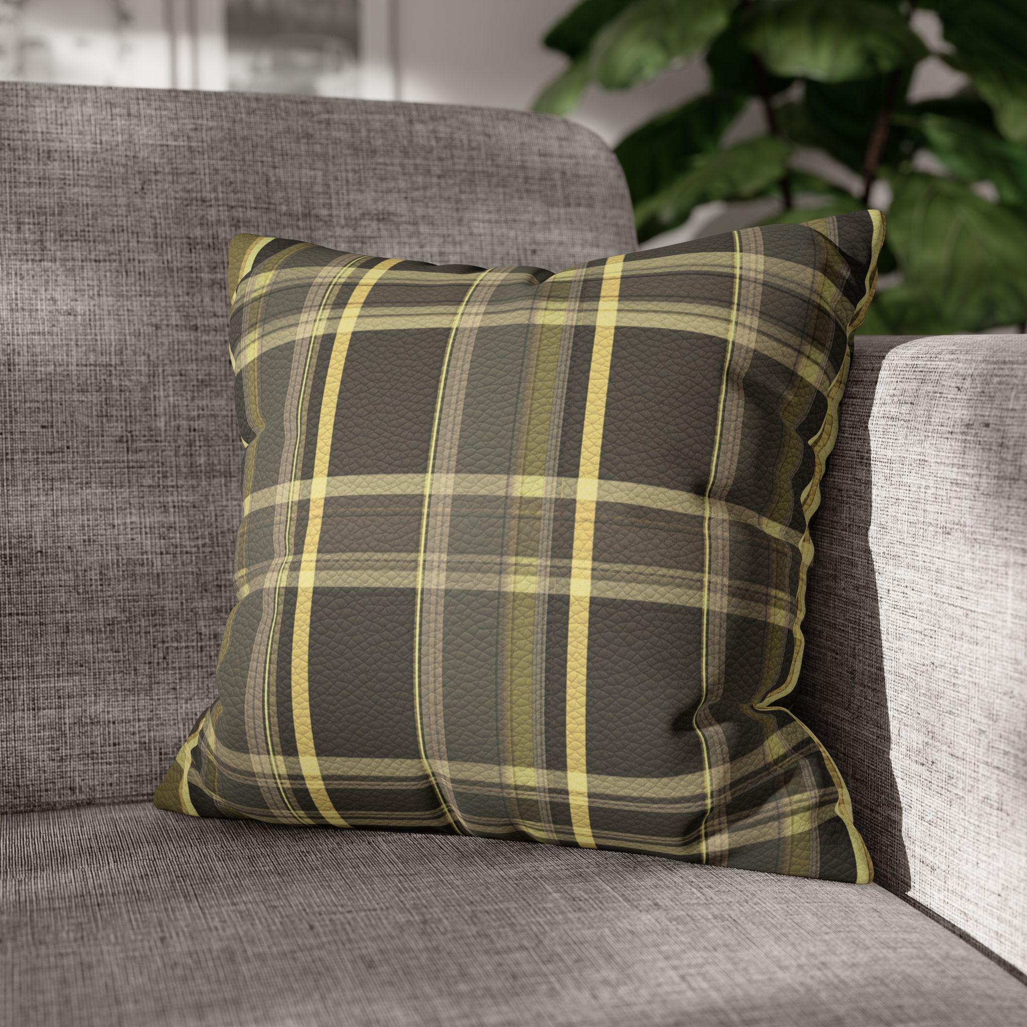 Vegan Faux Suede Material Printed Pillow Cover: Modern Olive & Golden Yellow Plaid Soft Leather-Look